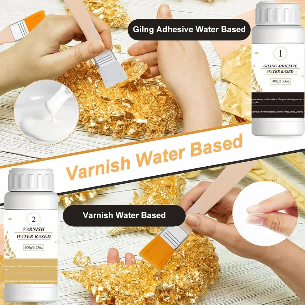 Set Adesivi per Doratura a Foglia D'oro,Colla per Foglia Oro,100ml Colla a Base D'acqua e 100ml Vernice Protettiva,100 Fogli Foglia Oro,2 Pennelli,1 Pince,per Mestieri,Dipinti,Arte