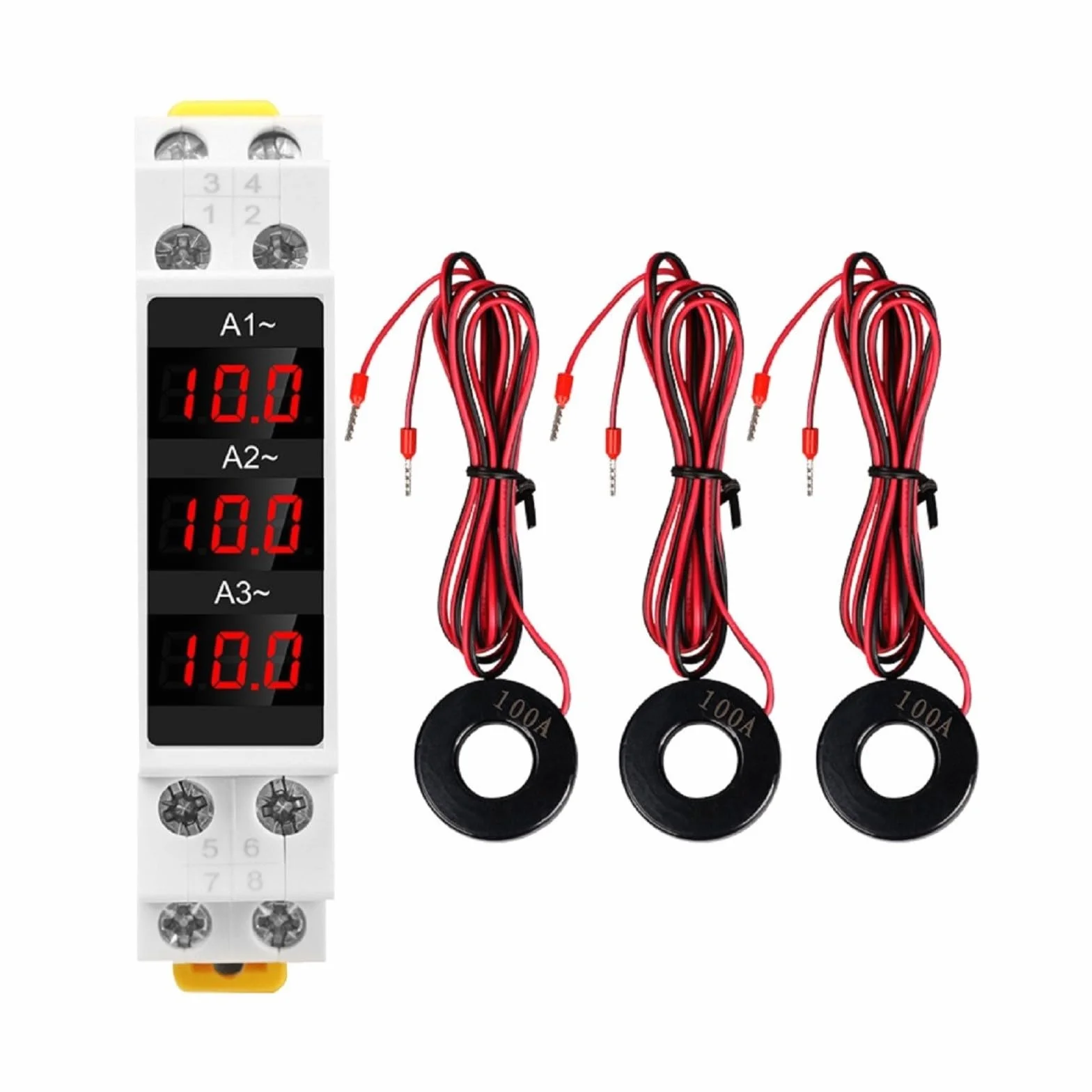 Mini amperometro digitale trifase su guida DIN con display a LED, rilevamento corrente 1-100A, intervallo di tensione AC80-500V 50/60Hz per monitoraggio elettrico industriale o commerciale