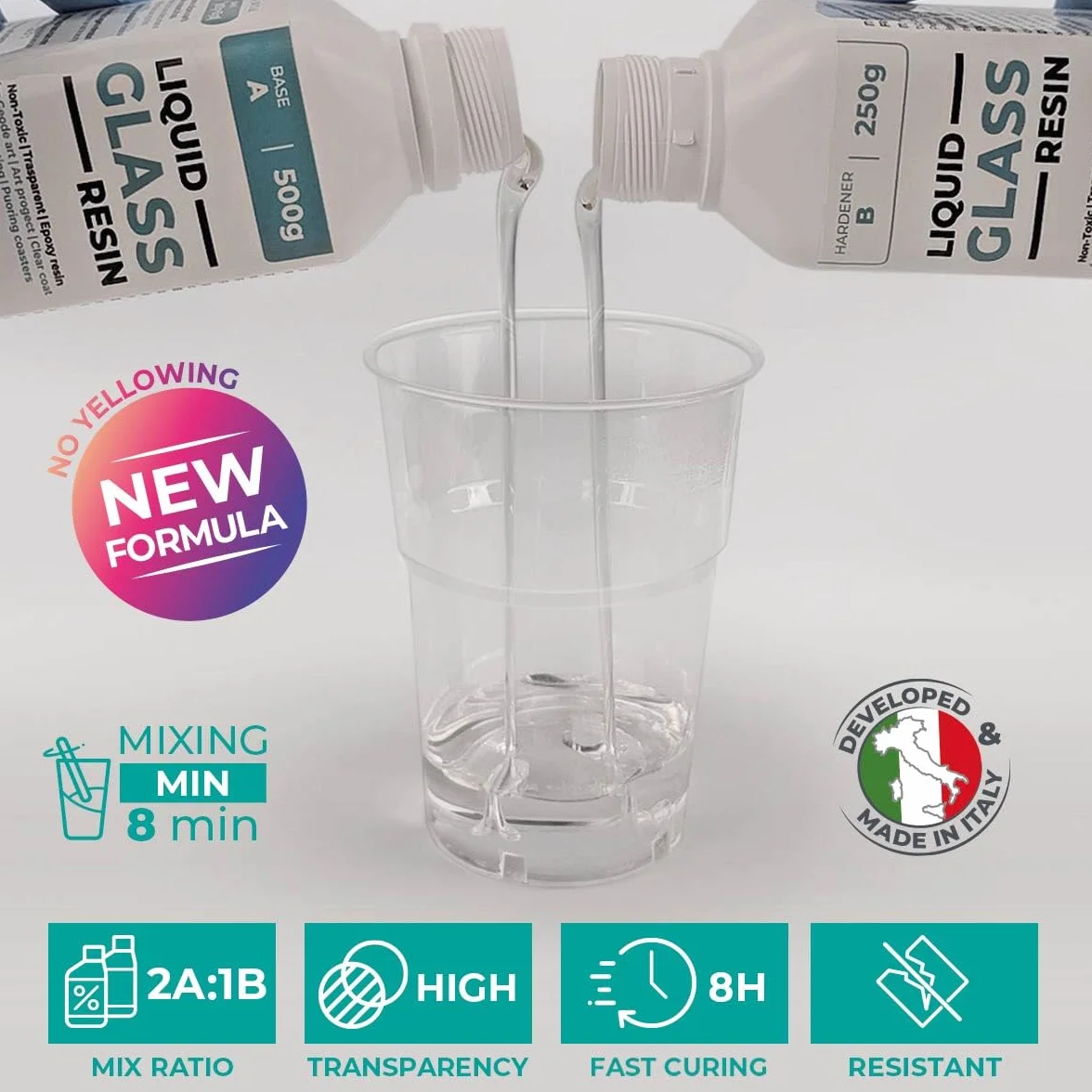 Resina epossidica trasparente, effetto vetro - Perfetta per bricolage, gioielli e modellismo. Colorabile e facile da usare - Liquid Glass Resin (750 gr)
