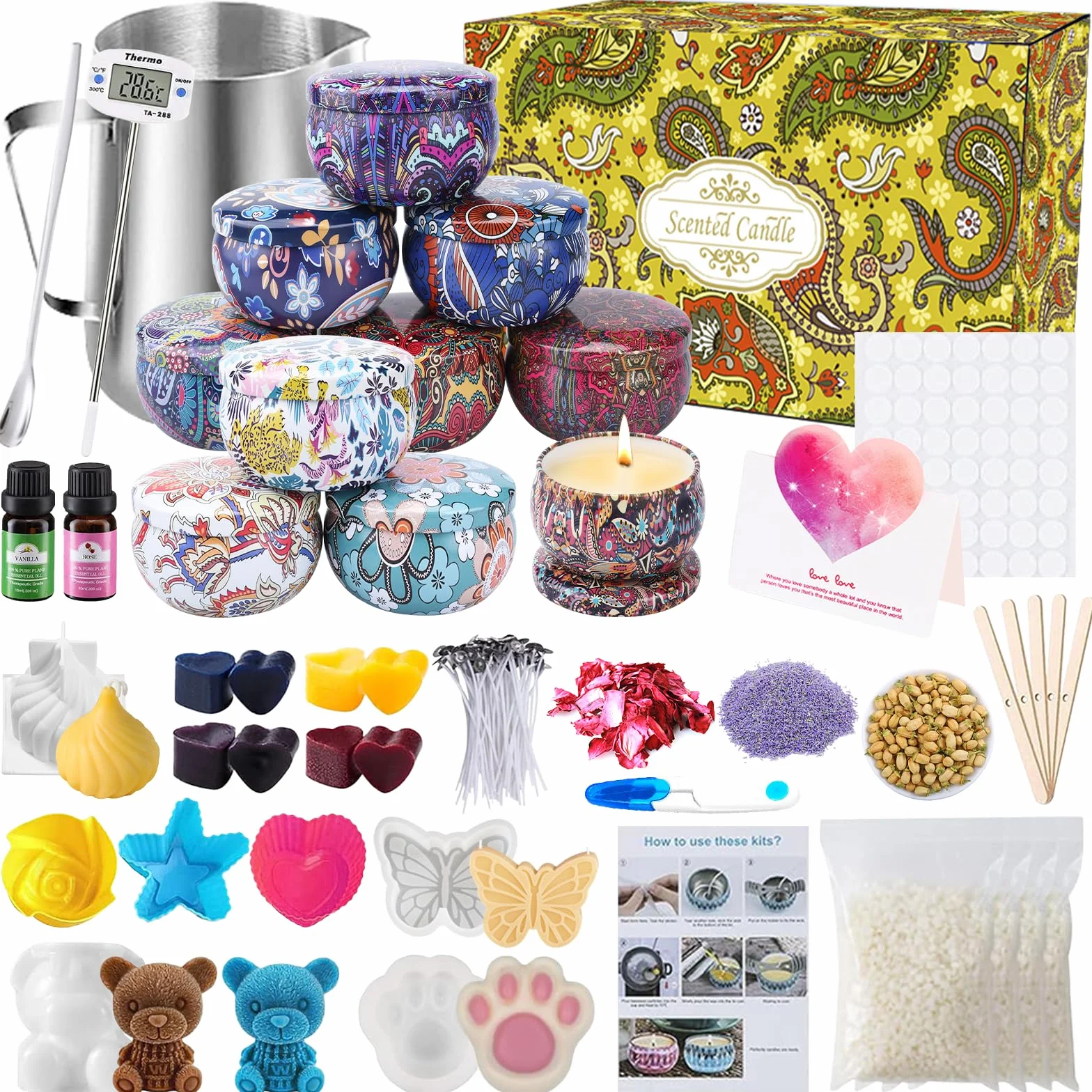 UCAMP Kit per Realizzare Candele,Kit per Candele Fai da Te per Fabbricazione Candele Profumate per Principianti Candele Kit,tra 10 Cui Lattine per Candele,Stoppini,Pentola