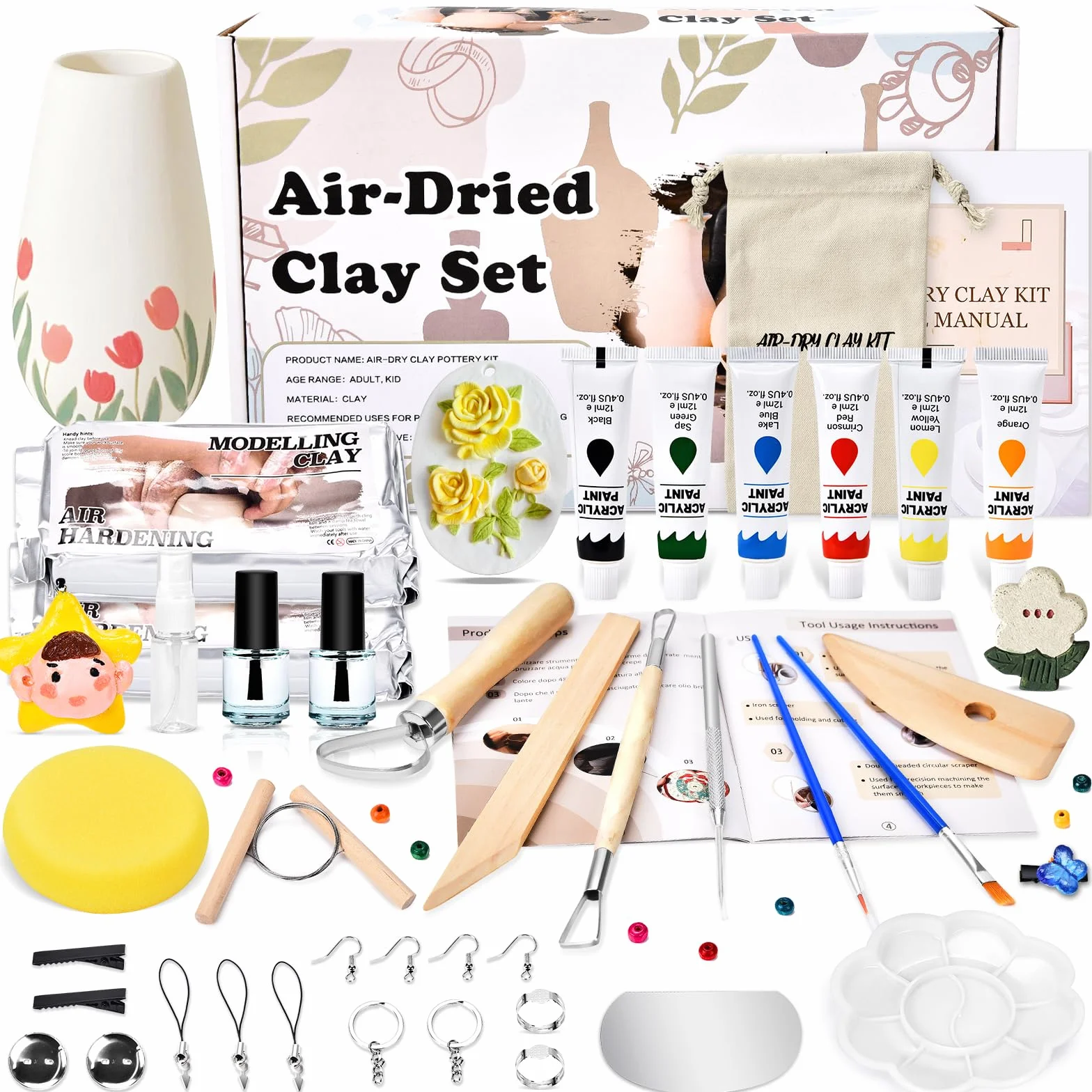 Herenear Kit Ceramica Fai da Te per Principianti, Set Argilla Senza Cottura, Set per Argilla Essiccata all'Aria (Kit Ceramica)