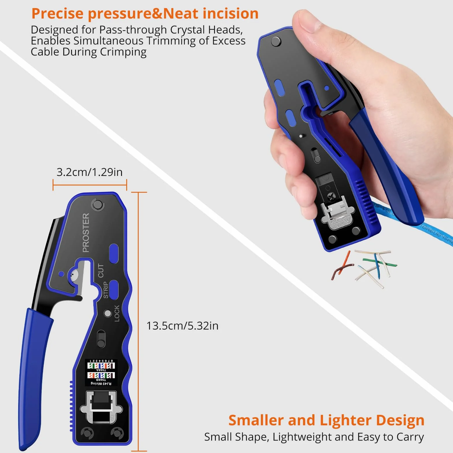 Proster Pinza Crimpatrice RJ45 Pass Through Multifunzione Spelafili per Cavo Rete Cat5 Cat5e Cat6 Cat6a Kit Strumento Crimpatura con 50pz Connettori Cat6 e Coperture di Protezione Tester Custodia