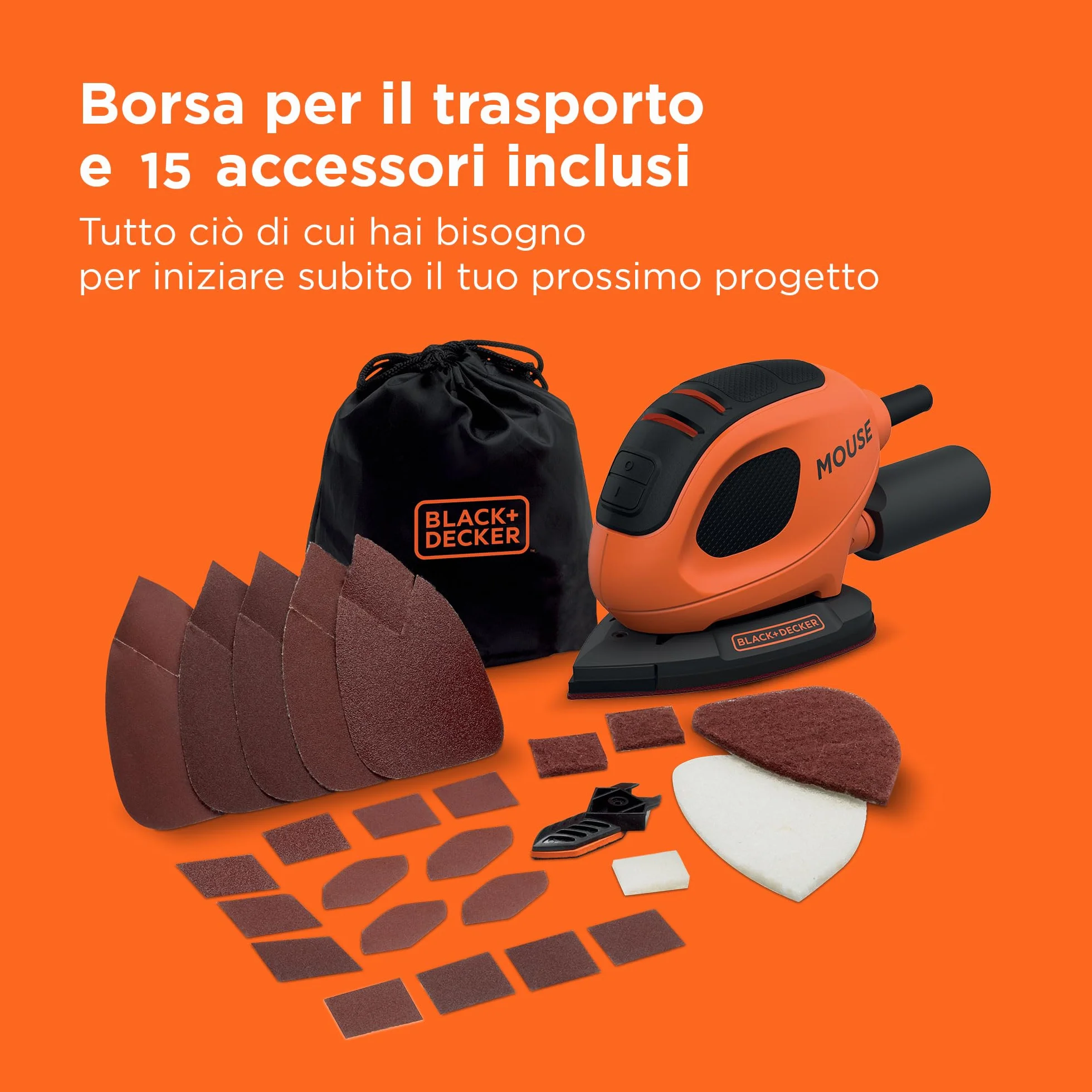 BLACK+DECKER BEW230BC-QS Levigatrice Mouse Multifunzione 55W con 15 Accessori
