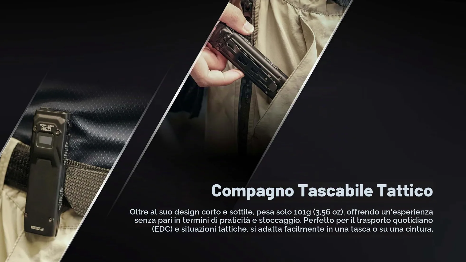 Nitecore Torcia EDC23 LED, 2500 lumen, ricaricabile, forma piatta, luce portatile, display OLED, interruttore blocco meccanico