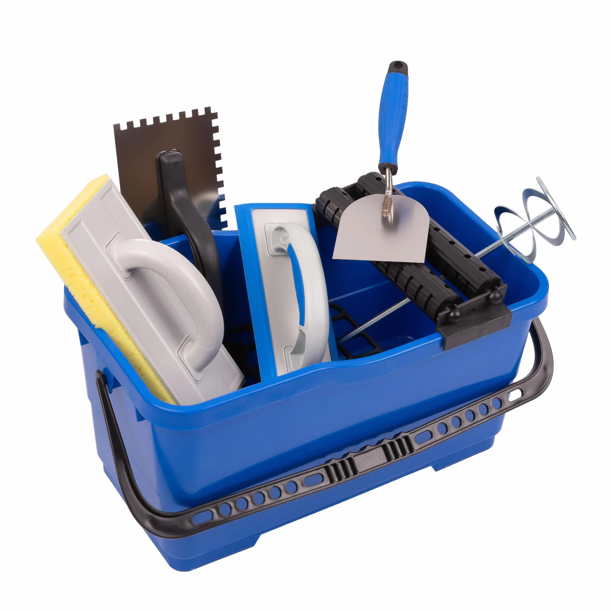 MIVOS Set per lavaggio piastrelle 6 pezzi - professionale - cazzuola da stuccatore - Cazzuola dentata - Tavola di spugna - Tavola per grattugiare - Secchio 22L - Miscelatore per malta