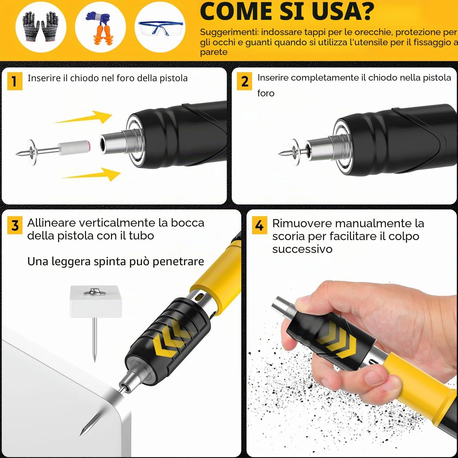 Spara Chiodi per Cemento e Ferro, Chiodatrice Manuale in Acciaio con Aste di Prolunga e 120 Chiodi Tondi, 5 Livelli Regolabili,Doppio Silenziatore e Valigetta per Parete, Mattoni o Acciaio (A)