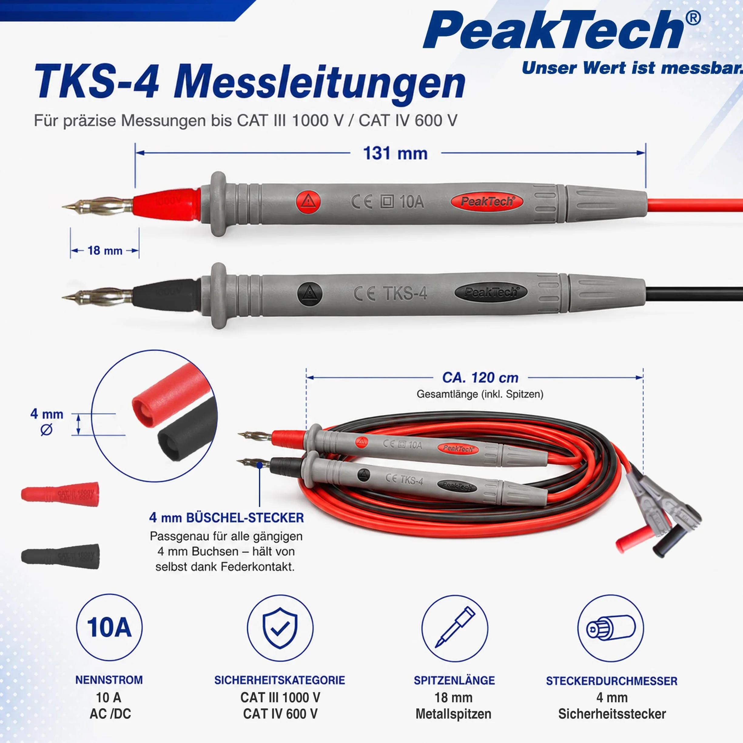 Peak Tech Puntali multimetro flessibile 120 cm 1000 V AC/DC 10 A Cat III/IV TKS 4