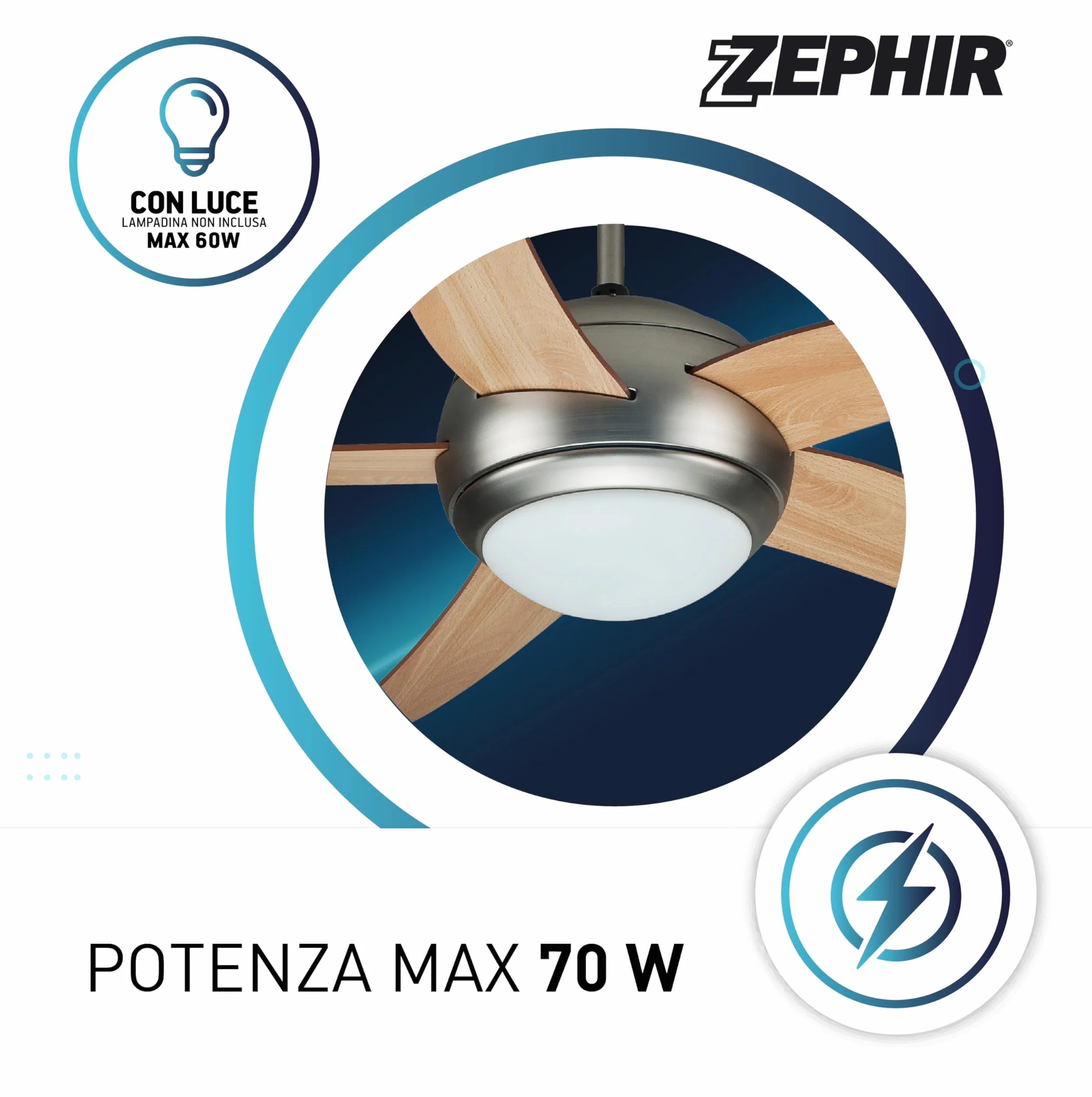 Zephir Ventilatore da Soffitto 5 Pale Legno con Luce 132 cm Ricondizionato