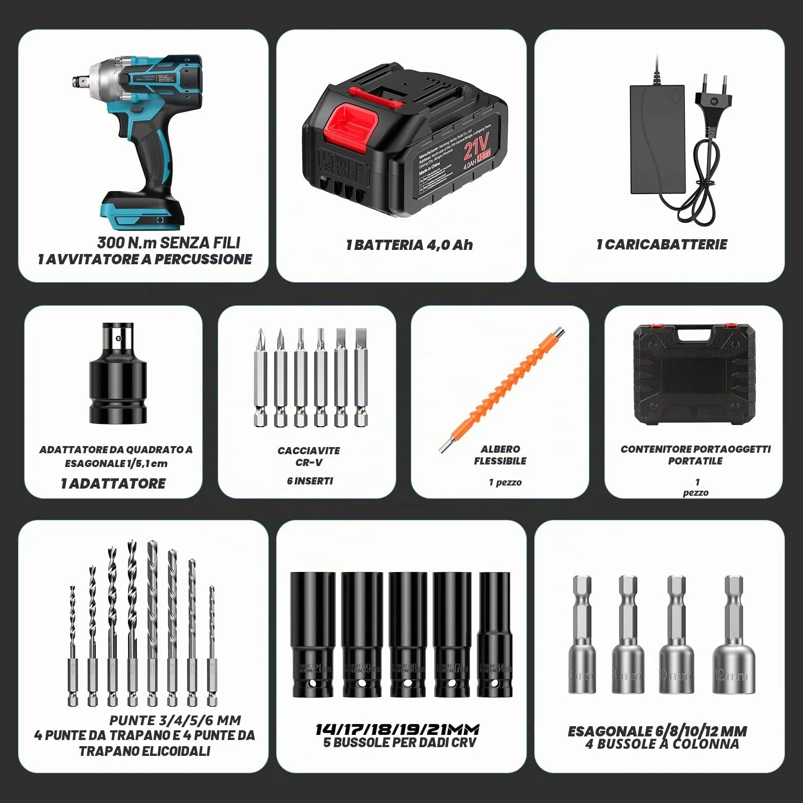 Ctalyn 21V Avvitatore a Impulsi Brushless, 300N.m 1/2 Pollice, Batteria 4000mAh, 6 Prese, Motore Senza Spazzole, Alta Capacità di Foratura per Metalli