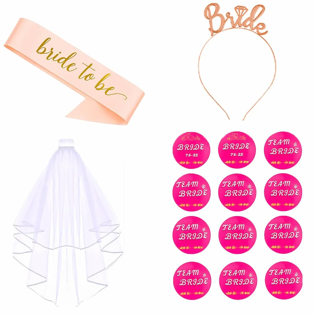 Set Accessori Sposa Addio al Nubilato con Diadema BRIDE, Velo, Fascia Bride to Be, 12 Adesivi