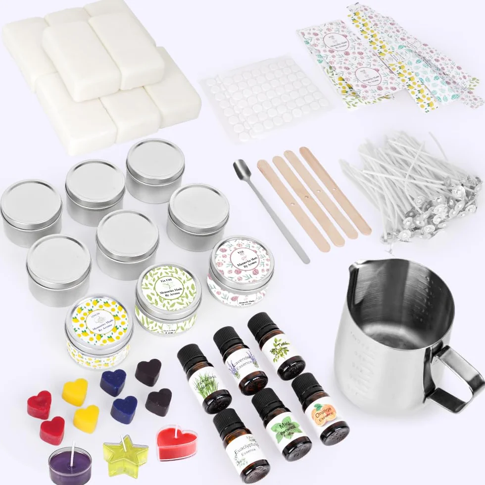 LDUMODUW Set di candele fai da te, kit fai da te per adulti, principianti, candele profumate, set regalo con cera di soia 480 g, 9 barattoli di candela, 8 colori di candela, stoppini