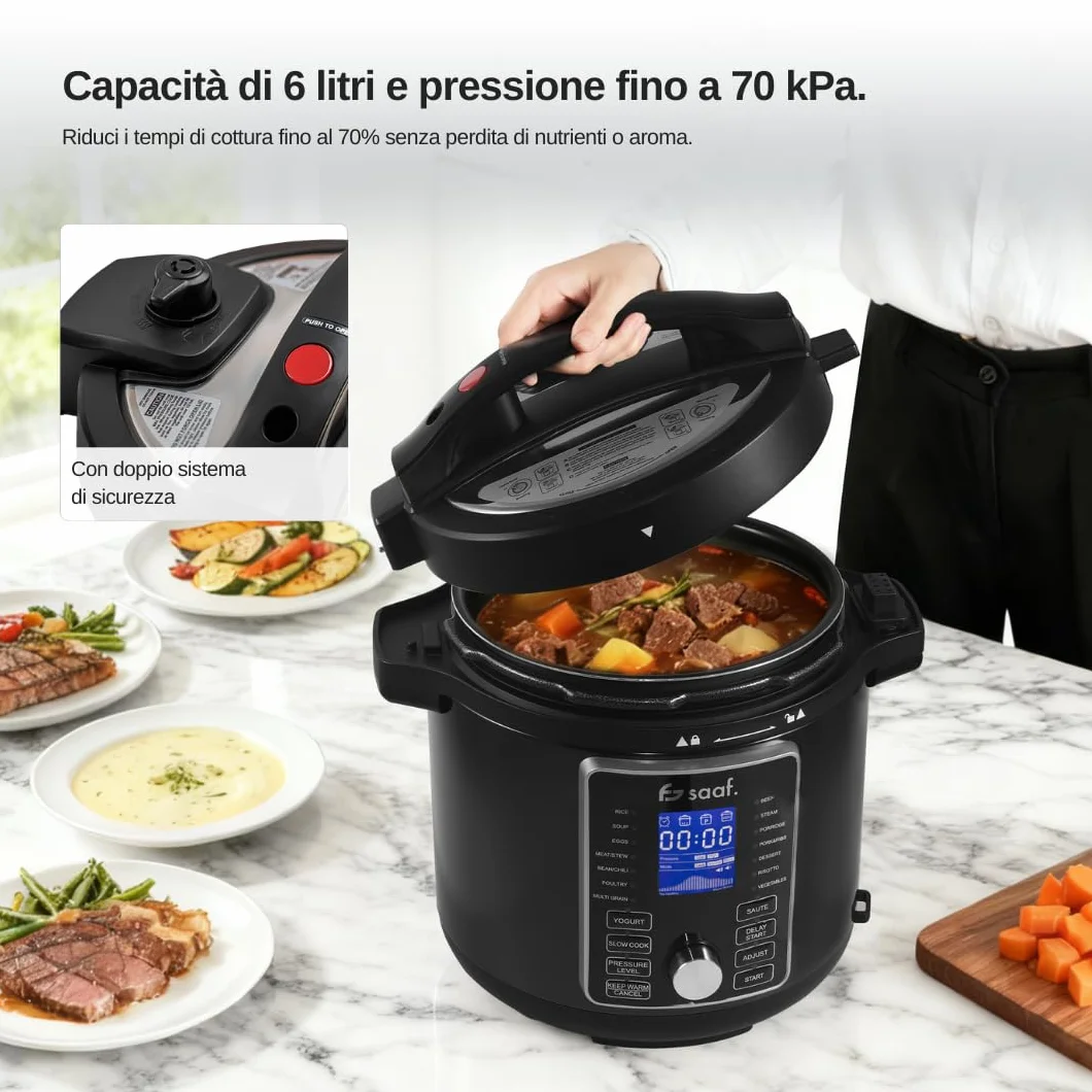 Saaf Multicooker con Airfryer – Set da 15 Pezzi – 24 Programmi – Slowcooker, Cuociriso, Vaporizzatore & Pentola a Pressione – 6L – Include Cestello, Pentola & Ricettario – Display Digitale