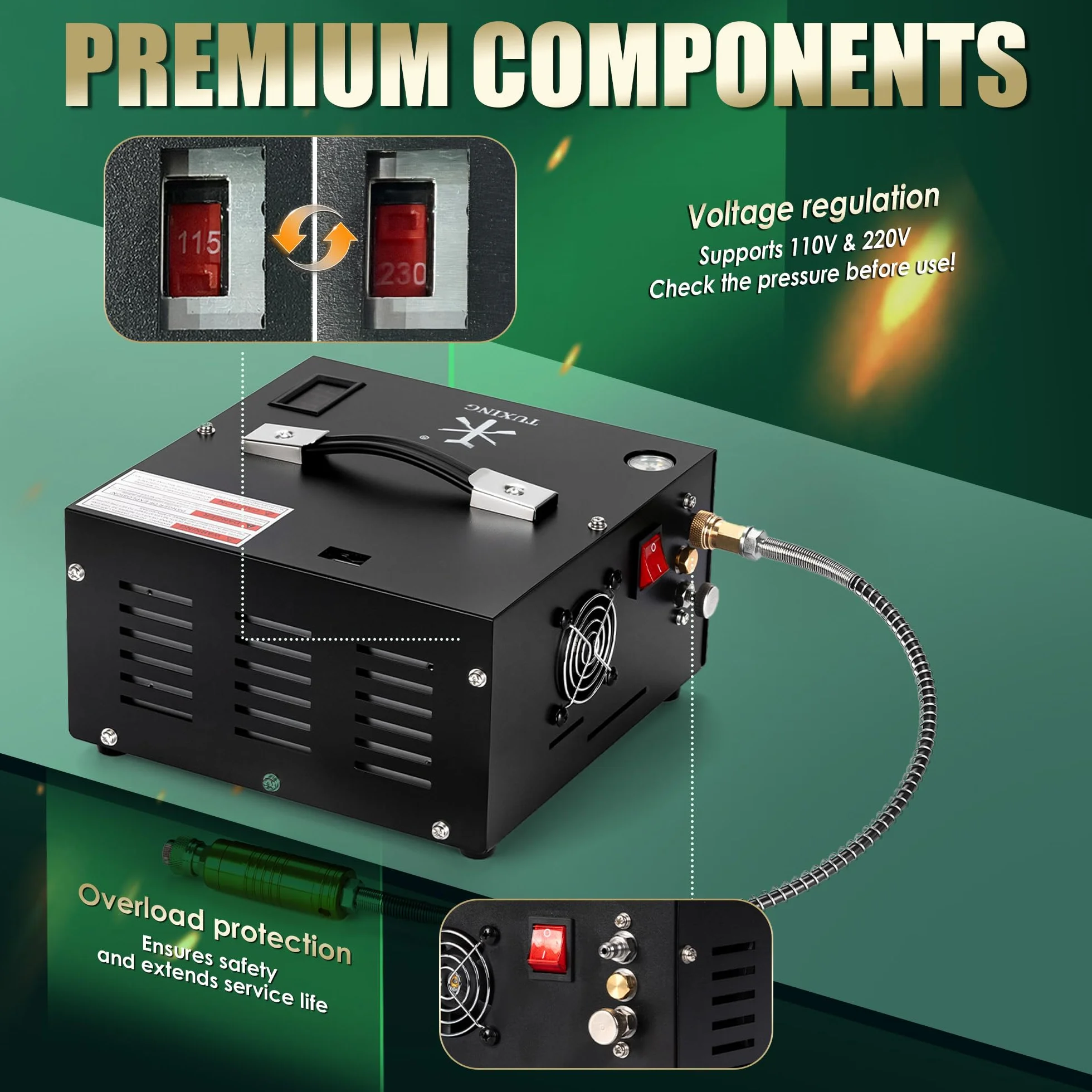 TUXING PCP Compressore d'aria 4500 Psi, compressore d'aria regolabile ad alta pressione alimentato da auto 12V DC o casa 220V AC con adattatore (incluso), pompa per Paintball/serbatoio subacqueo