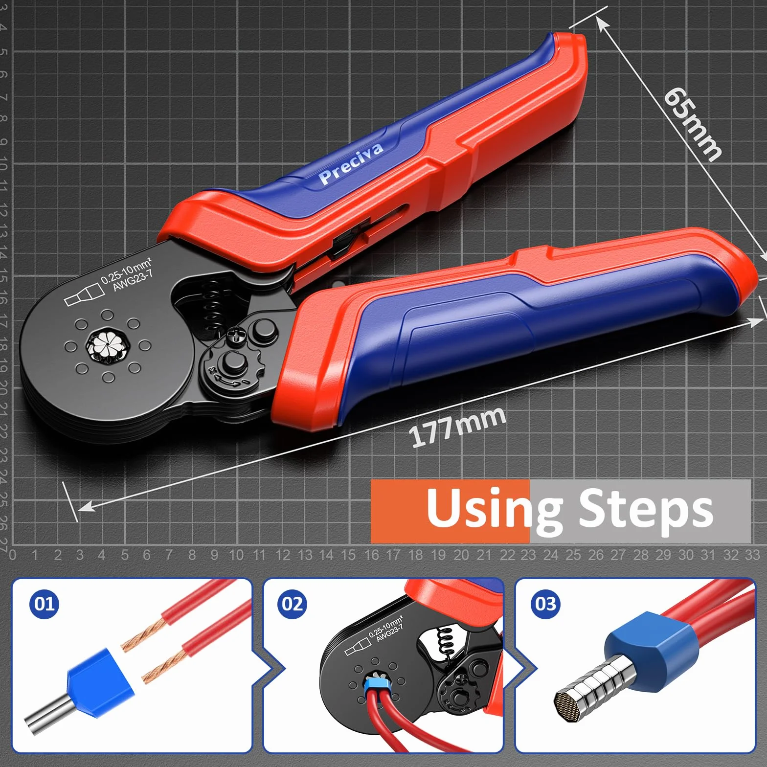 Preciva Pinza Crimpatrice con 1250 Puntali, Crimpatrice Professionale 0.25-10mm² per Cavi Isolati, Pinza a Cricchetto per AWG 23-7