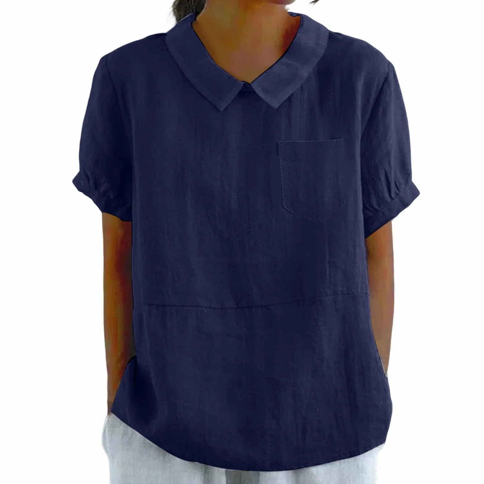 Maglietta da donna con tasche in cotone traspirante e lino, vestibilità ampia, taglia grande, con risvolto, a maniche corte, vestibilità ampia