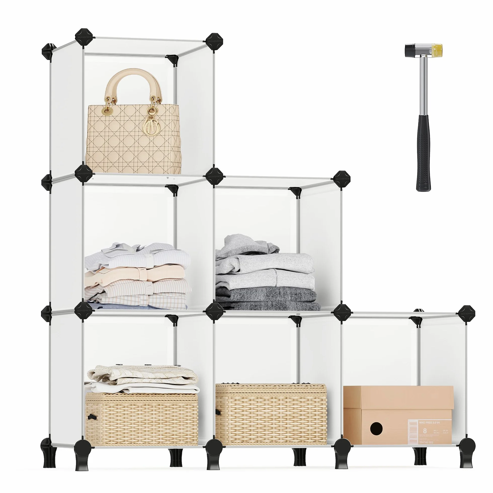 SONGMICS Scaffale a 6 Cubi, Organizzatore Modulare, Portaoggetti in Plastica con Piedini, Scarpiera, Cubo 30 x 30 x 30 cm, Soggiorno, Camera da Letto, Martello di Gomma, Bianco LPC111S