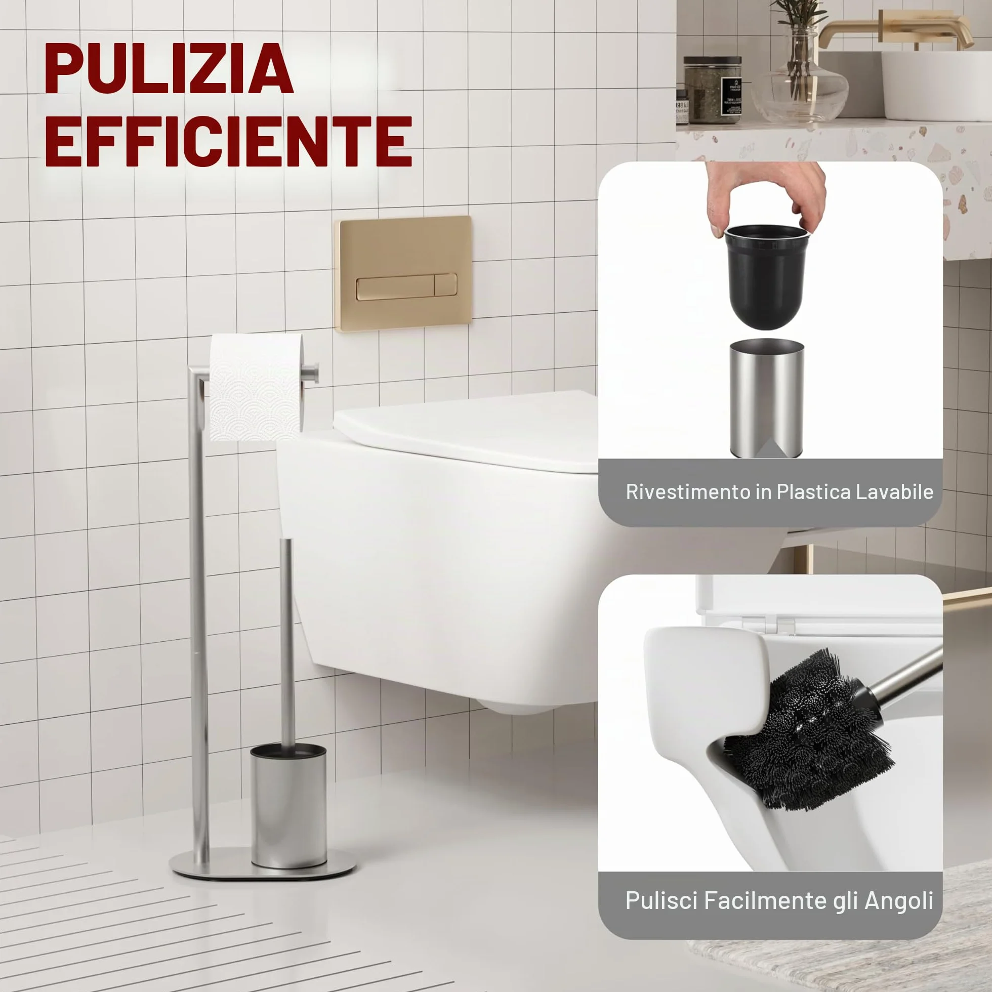 BVL Piantana Portarotolo e Scopino Spazzolato, Scopino WC con Porta Carta Igienica in Acciaio Inox, Porta Carta Igienica da Terra Scopino Bagno WC