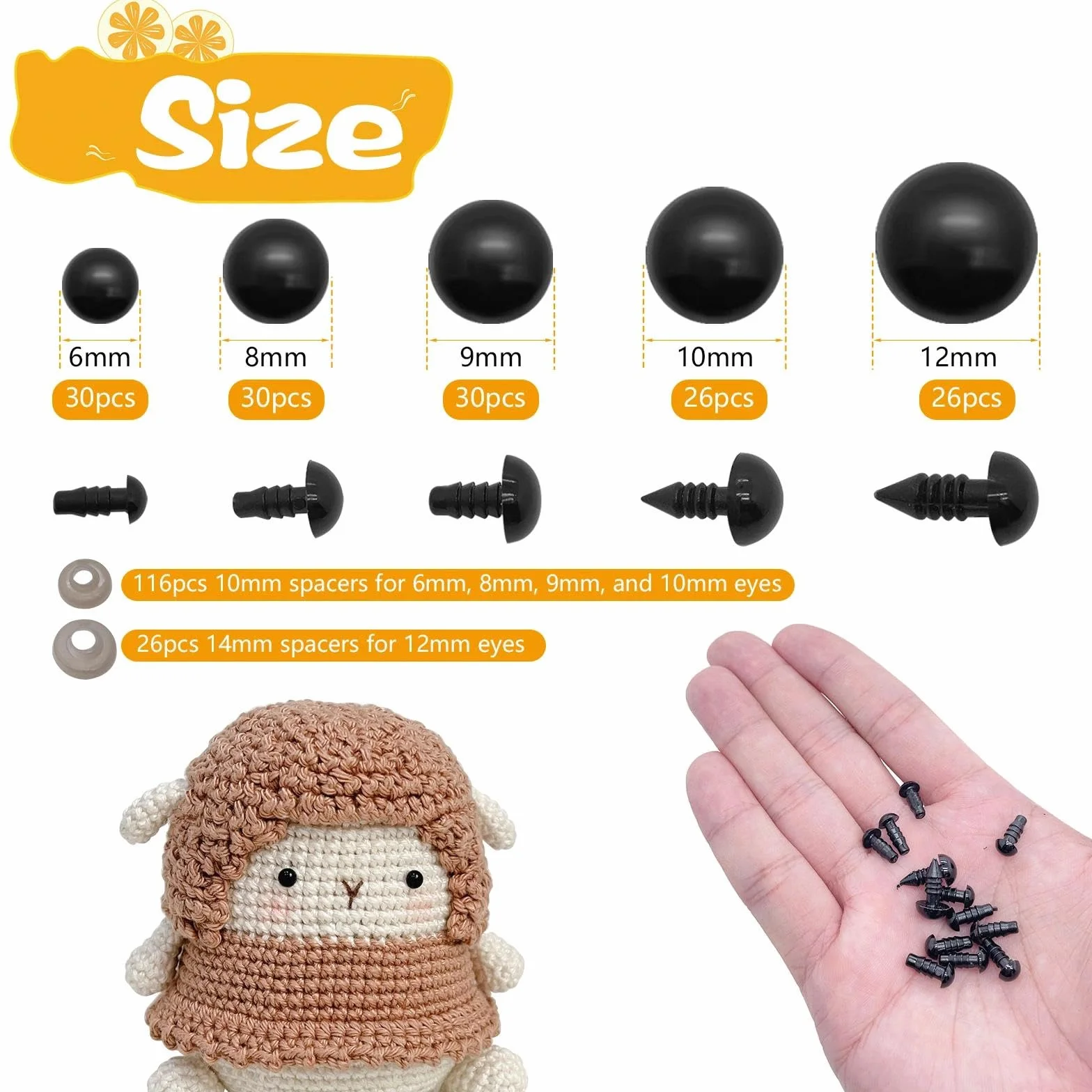 Occhi di Sicurezza 142 Pezzi - Occhi a Bottone in Plastica per Bambole, Peluche e Orsacchiotti, Fai da Te, 6-12 mm