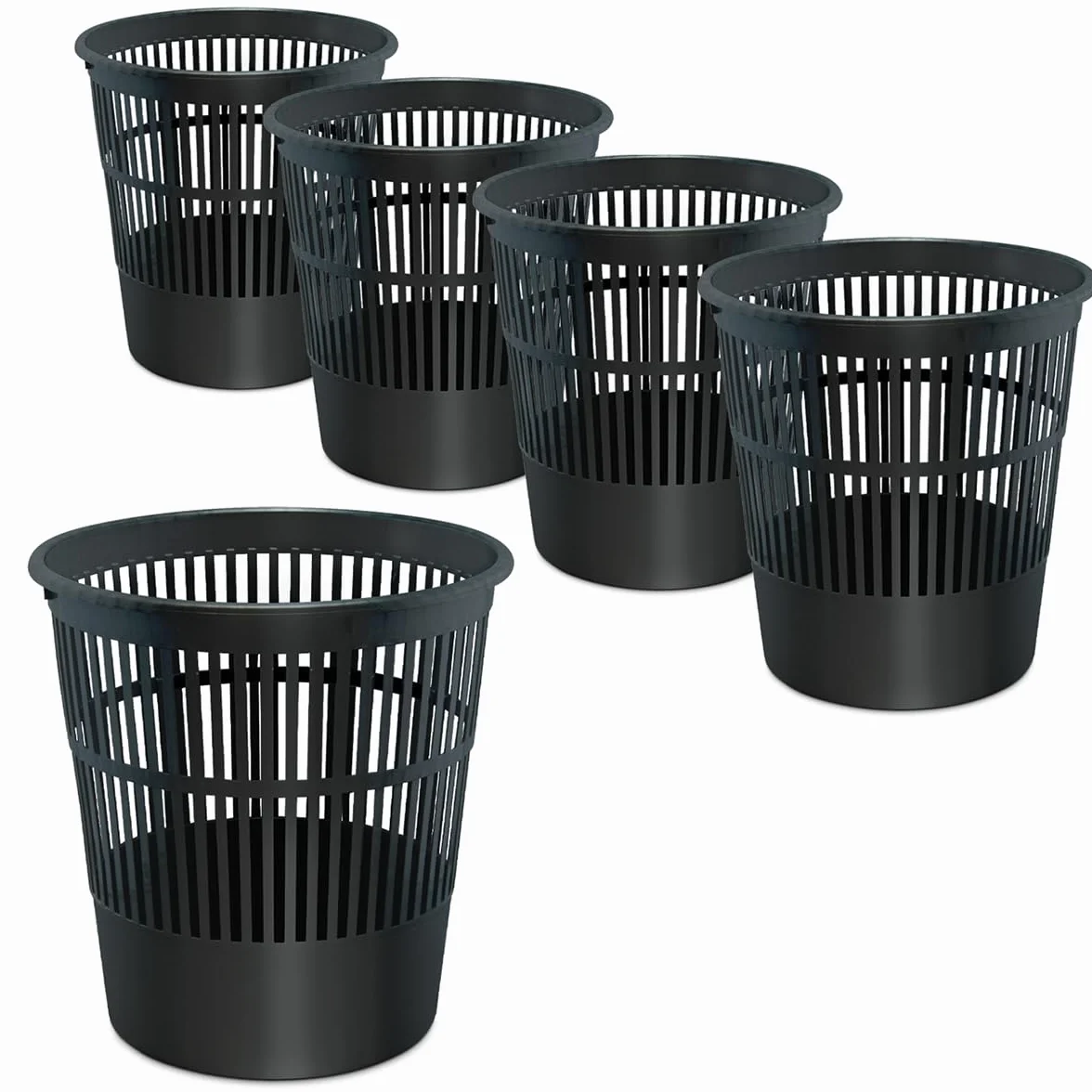 Waytex Set di 5 pattumiere per ufficio nero – Cestini in plastica traforata per ufficio, camera da letto, capacità 16 l, colore nero
