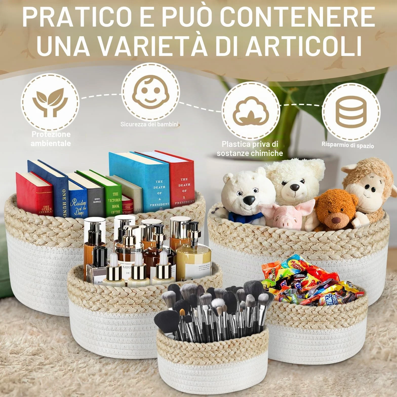 ENCOUN Set 5 Cestini Portaoggetti Intrecciato in Corda di Cotone, Impilabile Organizer Fasciatoio, Cestino Portaoggetti Bagno, cestini portaoggetti bagno per Cameretta, Salotto, Giocattoli, Ufficio