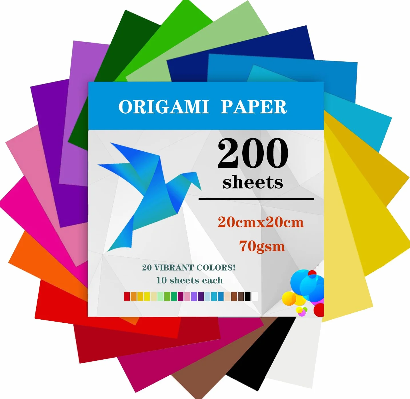 200 Fogli di Carta per Origami, 20 x 20 cm, Doppio Lato (70 g/m²), 20 Colori, Quadrati per Bambini, Progetti Fai Da Te, Scuola, Artigianato