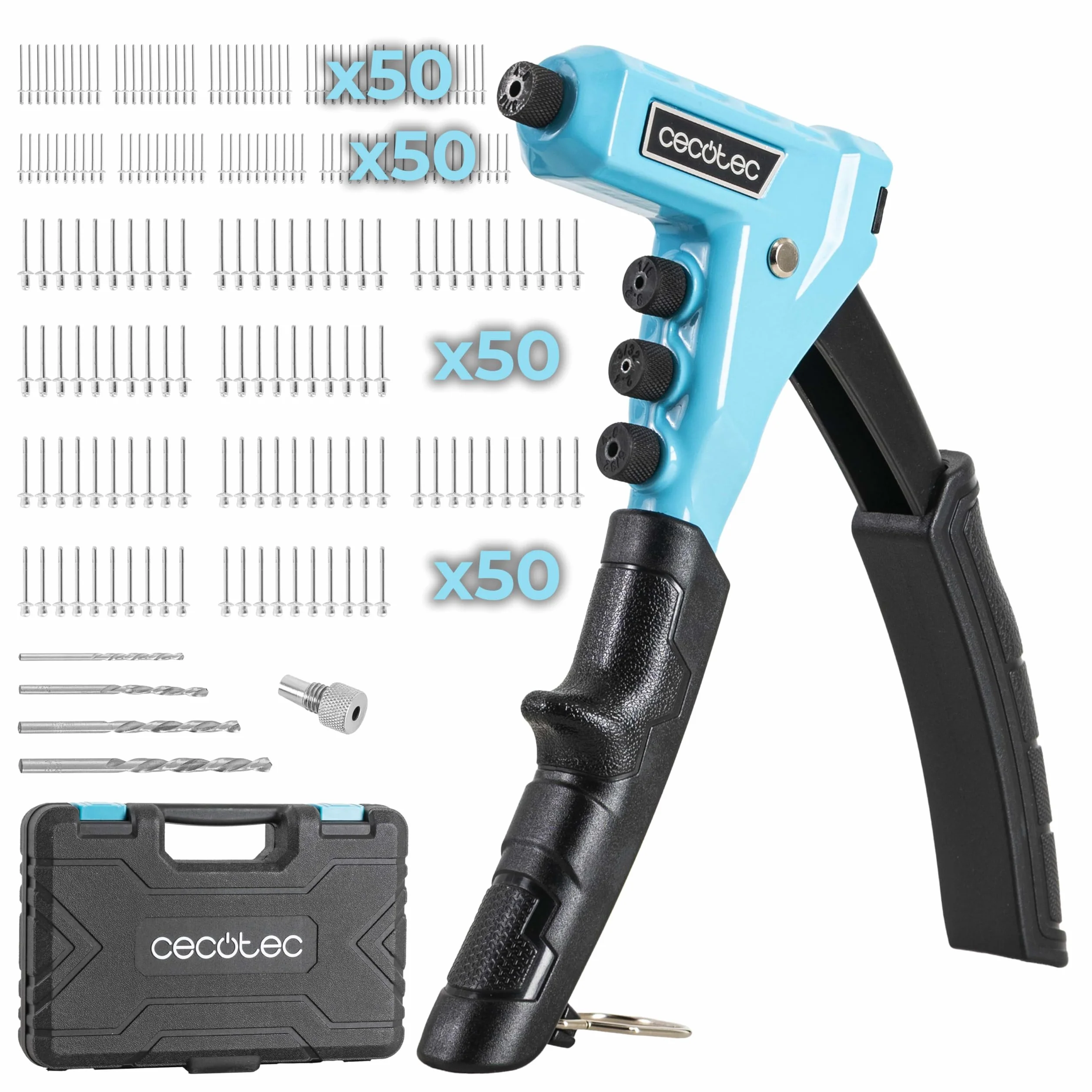 Cecotec Rivettatrice manuale FixerForce 4000 Full equip, Regolazione senza Chiave, Include 4 Ugelli di Diverse Misure (2.4, 3.2, 4, 4.8 mm) e 4 Mandrini, Valigetta e 400 Rivetti Inclusi