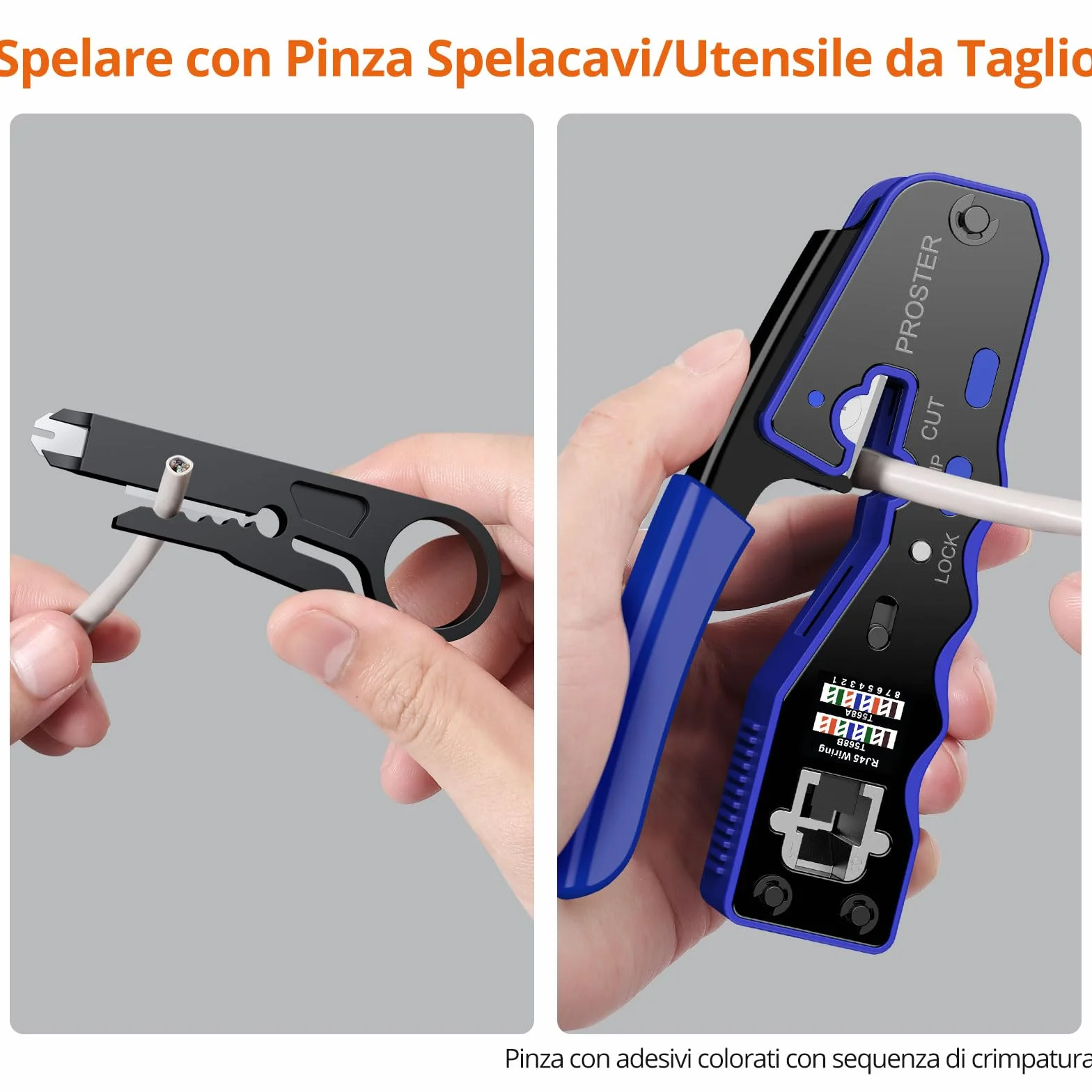 Proster Pinza Crimpatrice RJ45 Pass Through Multifunzione Spelafili per Cavo Rete RJ45 Cat6 Cat5 Cat5e Kit Strumento Crimpatura con 50pz Connettori Cat6 e Coperture di Protezione Blu