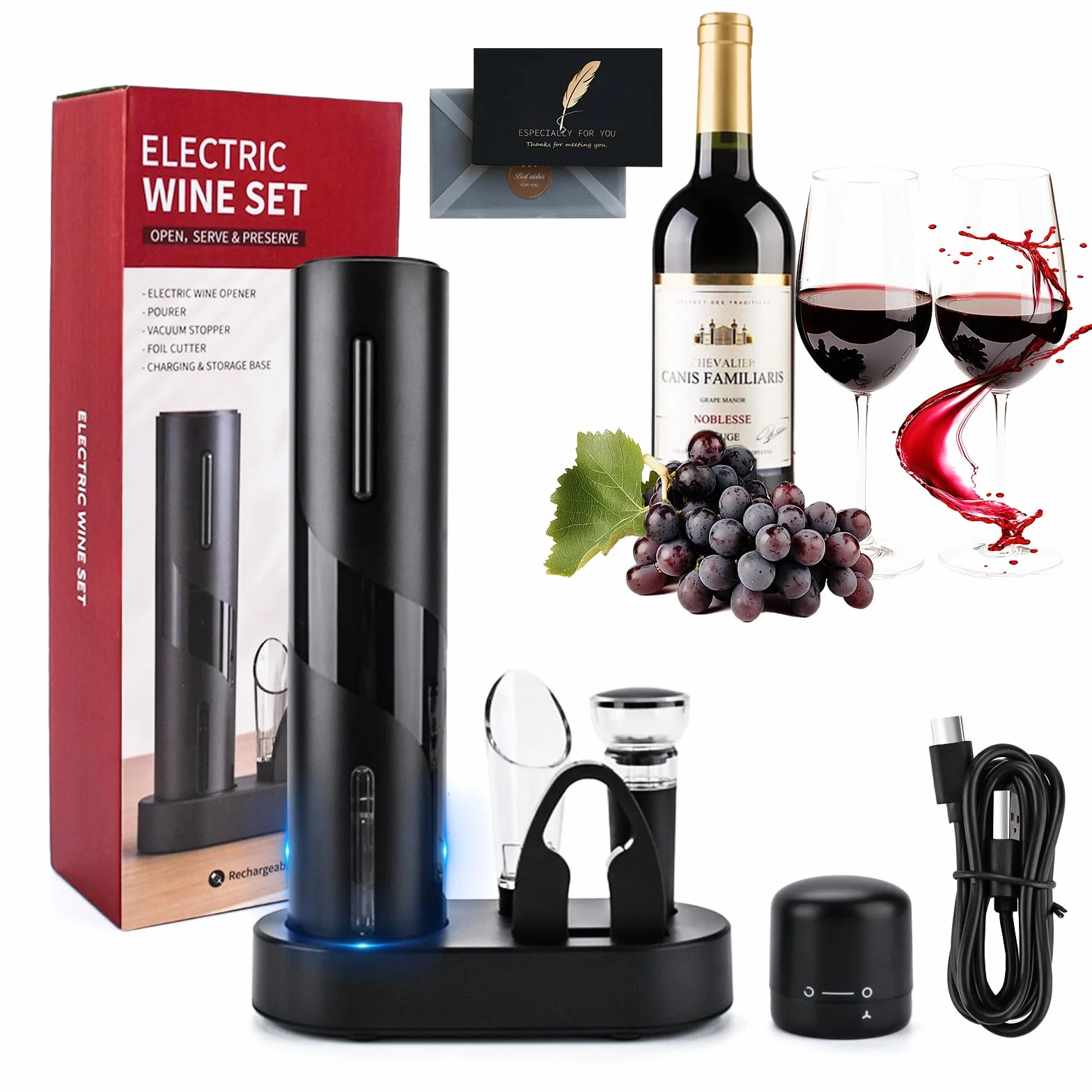 UCAMP 7 in 1 Elettrico Cavatappi Apribottiglie per Vino Professionale Set Regalo Uomo con Apriscatole Elettrico, Tagliafogli, Tappi Sottovuoto, Beccuccio per Versare, Sigillatura, Base di Ricarica