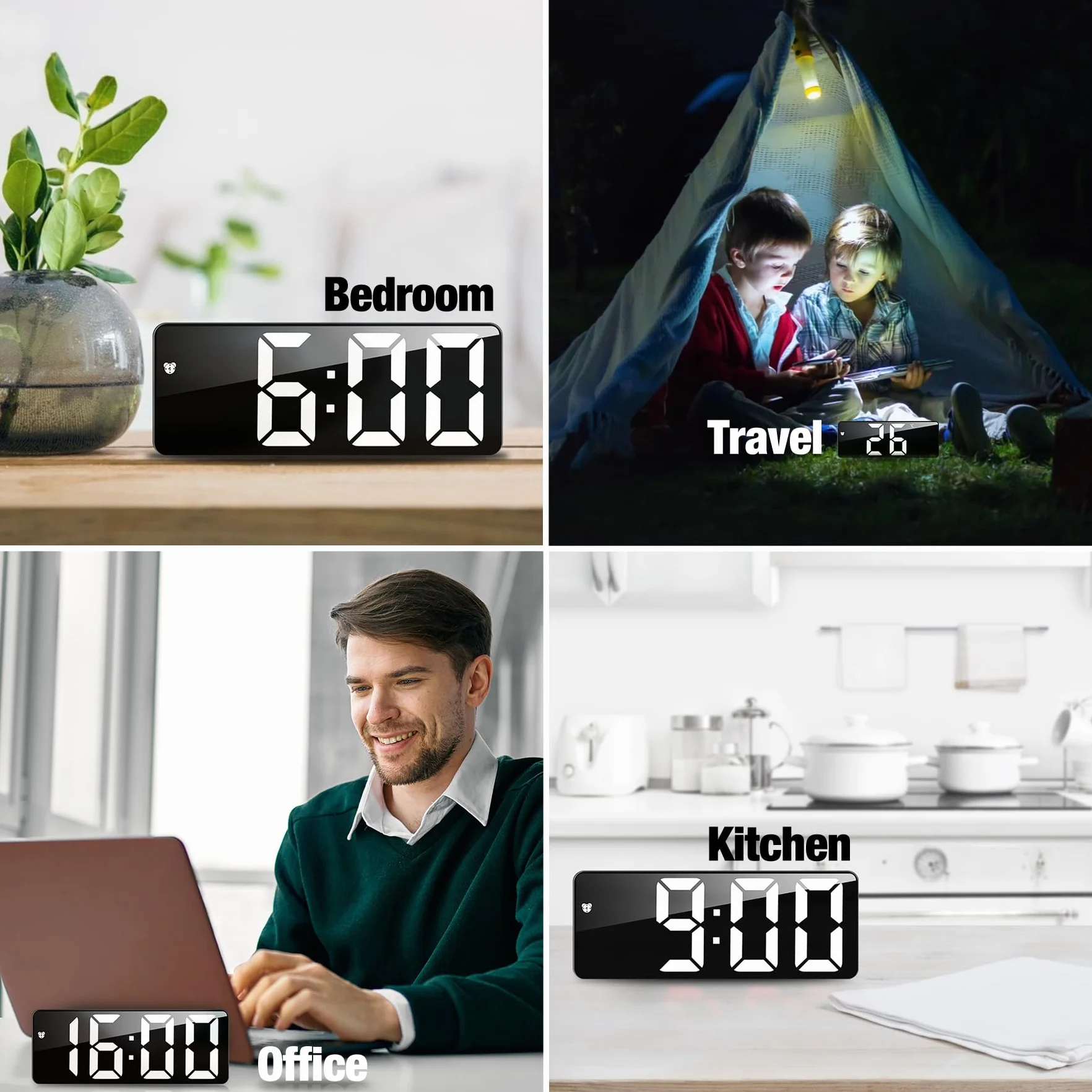 JQGO Sveglia Digitale da Comodino con Snooze, Display LED e Temperatura, USB e Batteria, Bianco