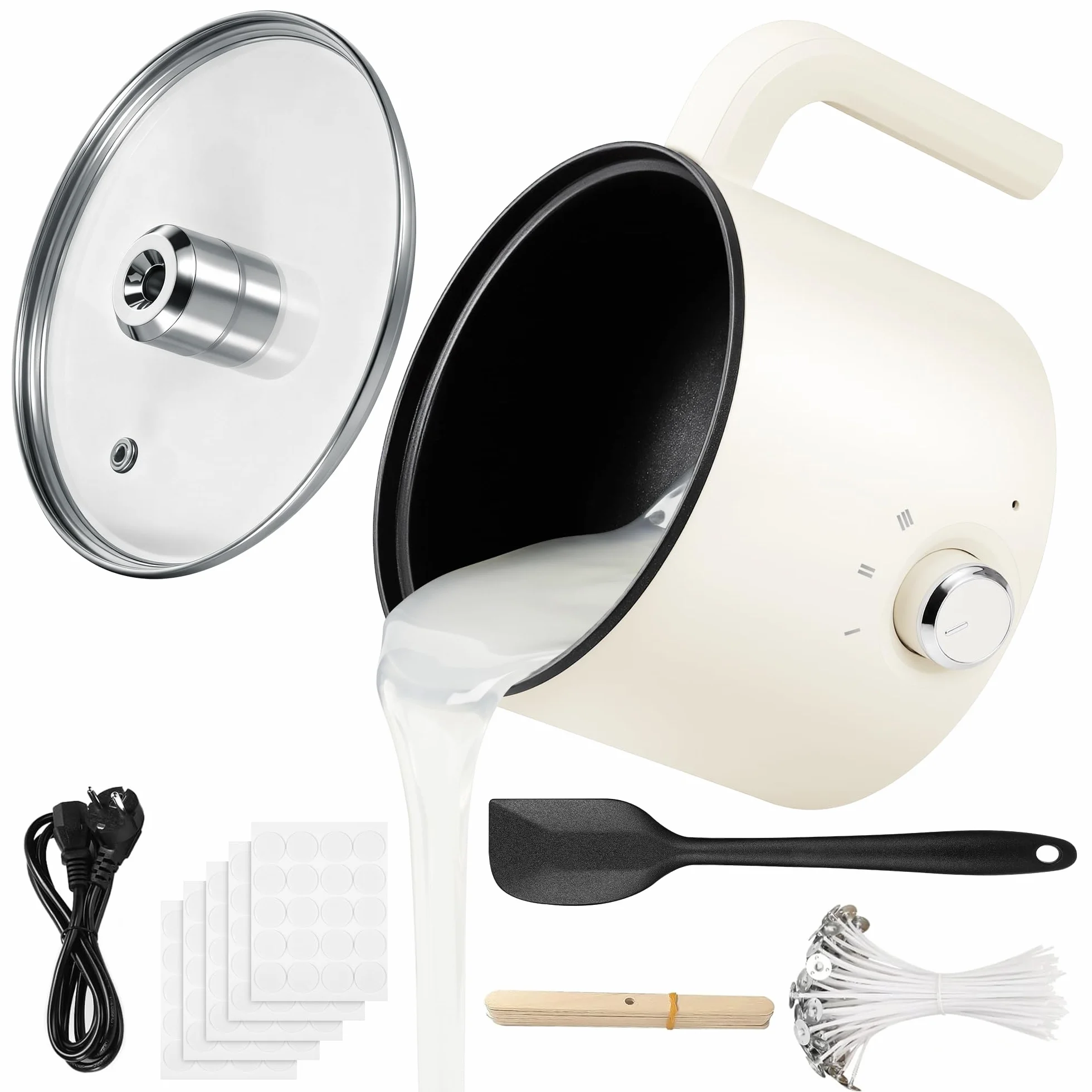 Sciogli Cera per Candele , 1,8L Fusore di Cera Elettrico，Kit Candele Fai da Te con Beccuccio Versatore, Fonditore Elettrico, Stoppino, Adesivo per Stoppini, Centraggio, Cucchiaio per Mescolare
