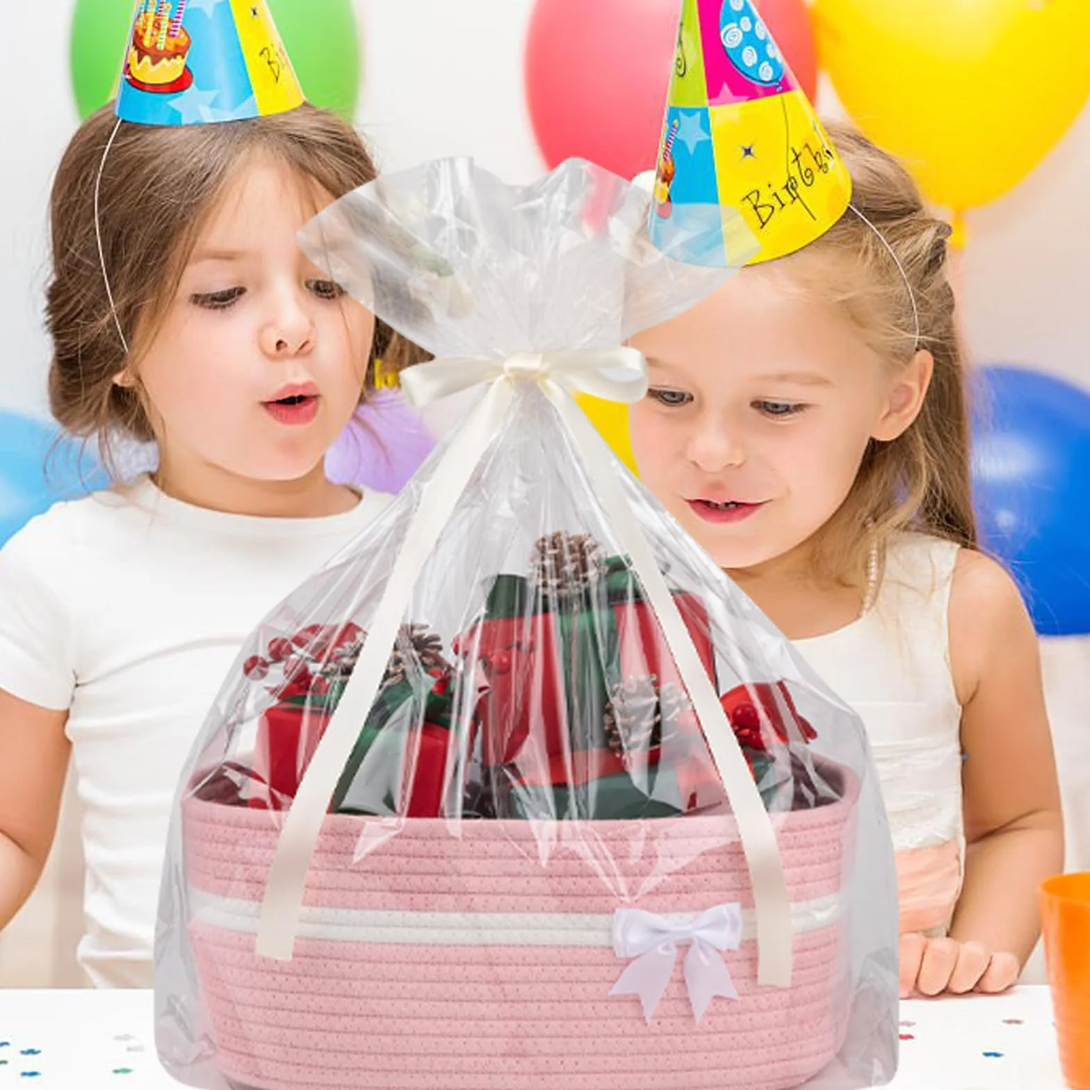 Cestino Portaoggetti Intrecciato Rosa con Fiocco Decorativo, Cesto Regalo Vuoto per Baby Shower, Compleanni, Pasqua, Cameretta, Fasciatoio – Cestino in Corda di Cotone con Manici, 34×15×25 cm