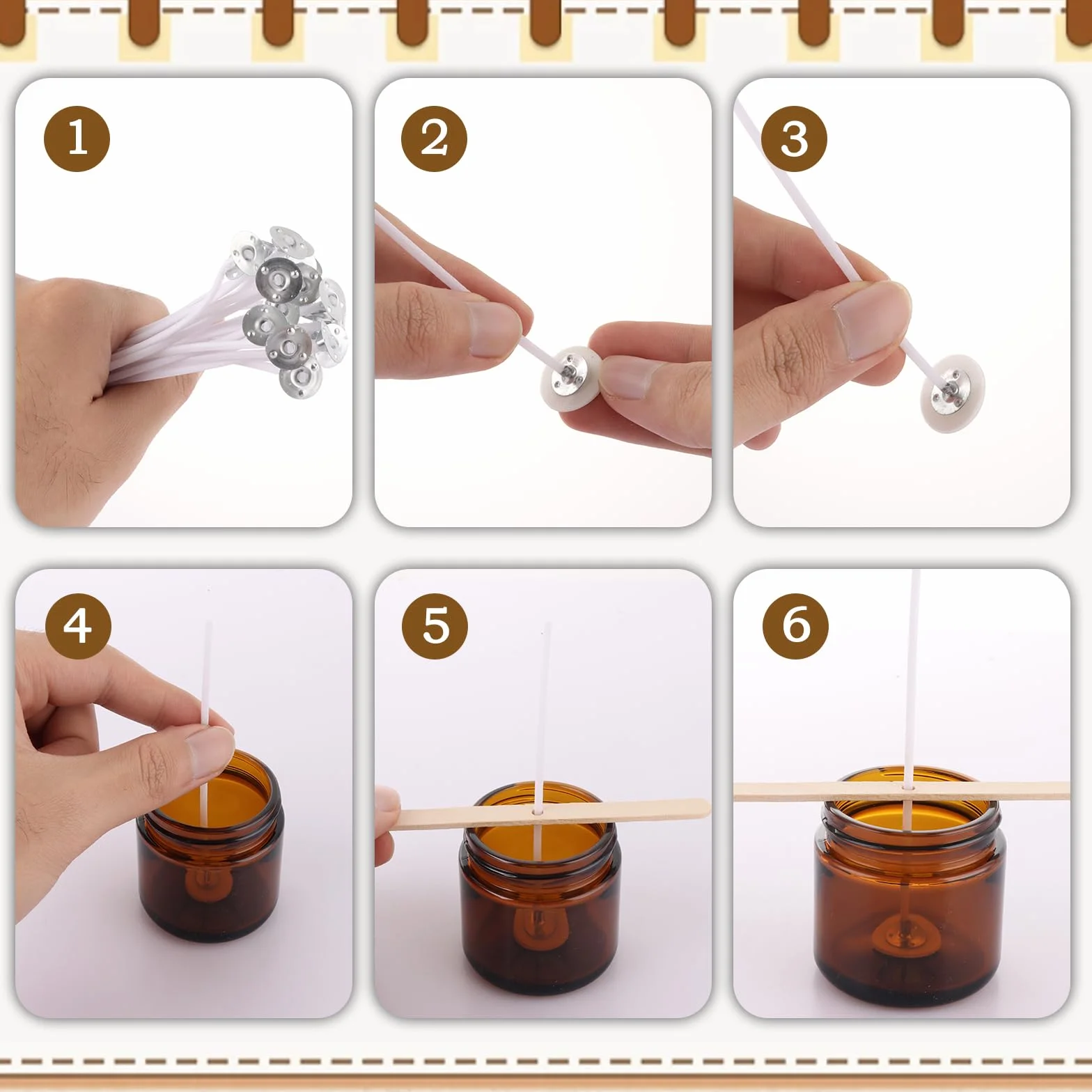 ASelected Set di 200 stoppini per candele da 10 cm, con supporti e adesivi di fissaggio, stoppini per candele senza fumo, stoppini in cotone per candele fai da te