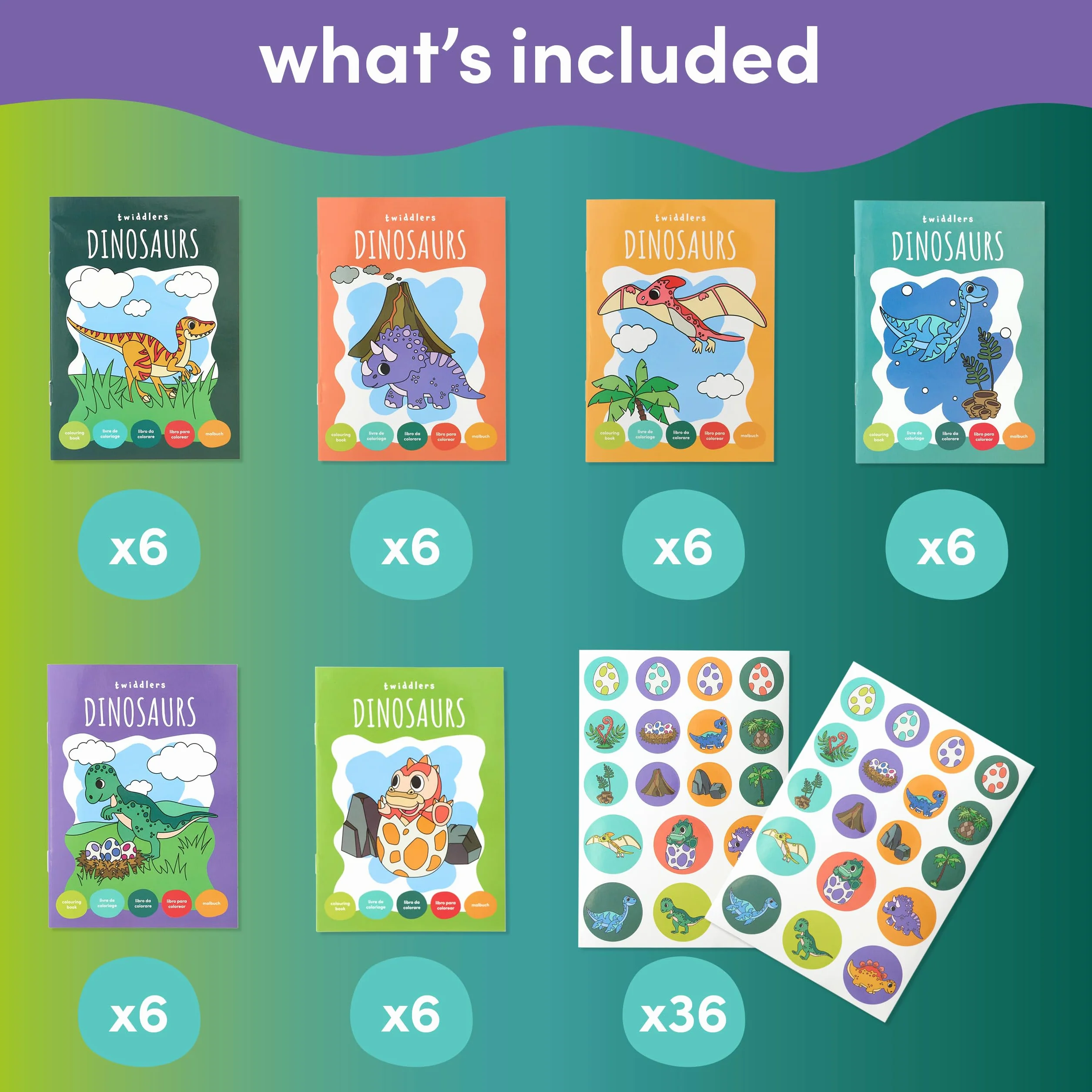 THE TWIDDLERS 36 Mini Libri da Colorare per Borse da Festa, con Adesivi - Tema Dinosauri, Mini Libri A6 per Bambini, Età 4-8 Anni, Piccoli Libri da Colorare Perfetti per Riempire le Borse da Festa