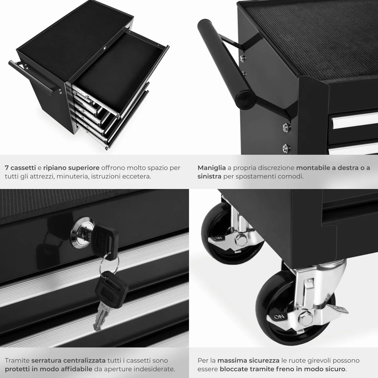 Tectake Carrello Portautensili 7 Cassetti con Ruote Nero