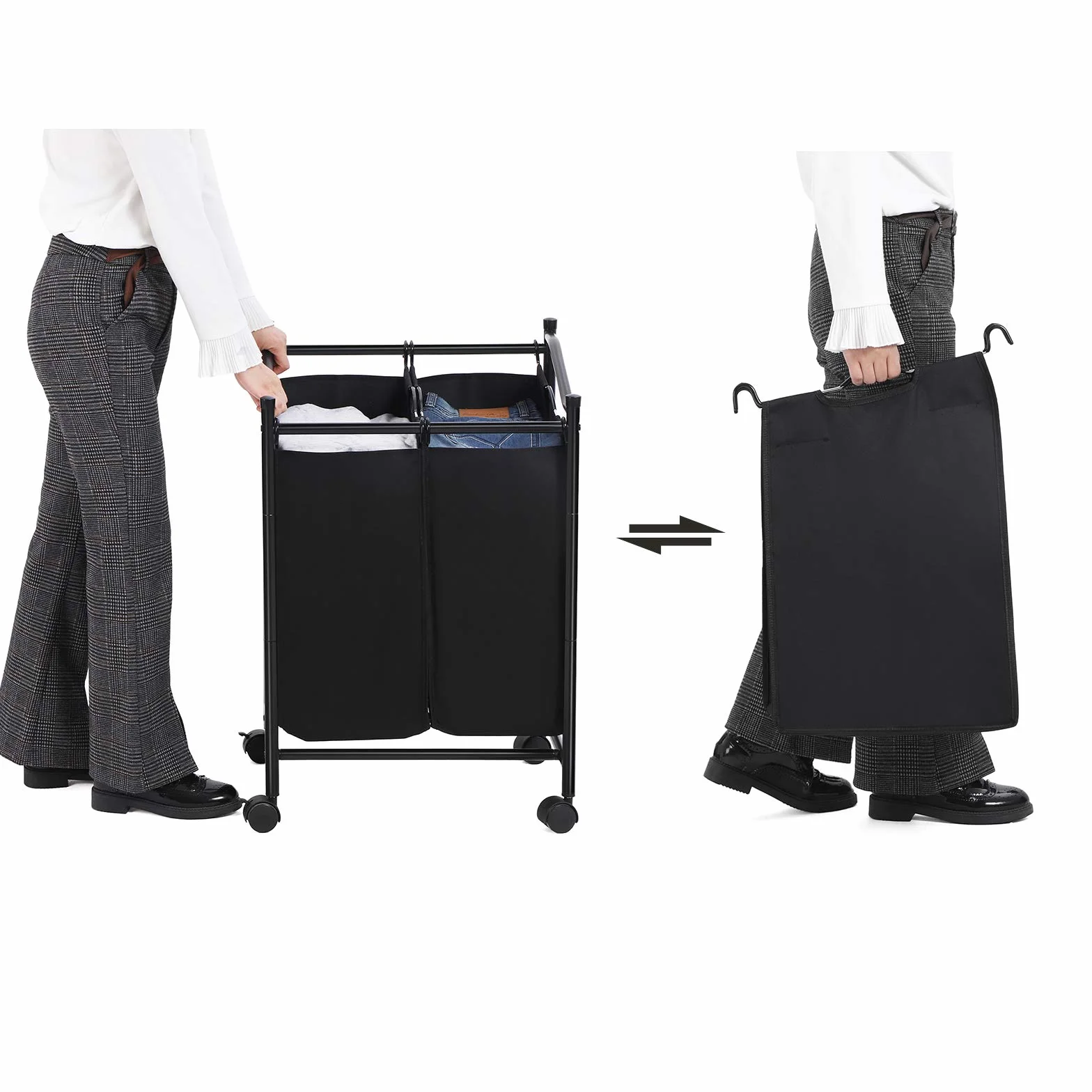 SONGMICS Carrello Porta Biancheria con 2 Sacchi Rimovibili, Ceste per Bucato con Rotelle Universali, capacità Totale di 90 Litri, Nero LSF002BK