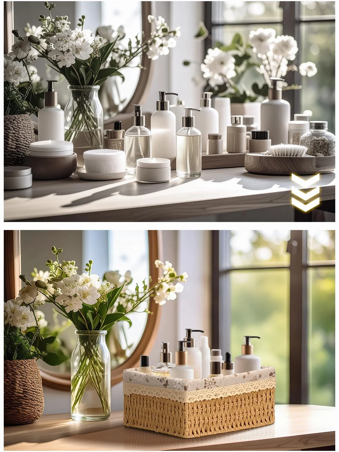 Set di 3 Cestini in Vimini Floreali Intrecciati a Mano, Beige, Cestini Portaoggetti per Organizzare e Decorare