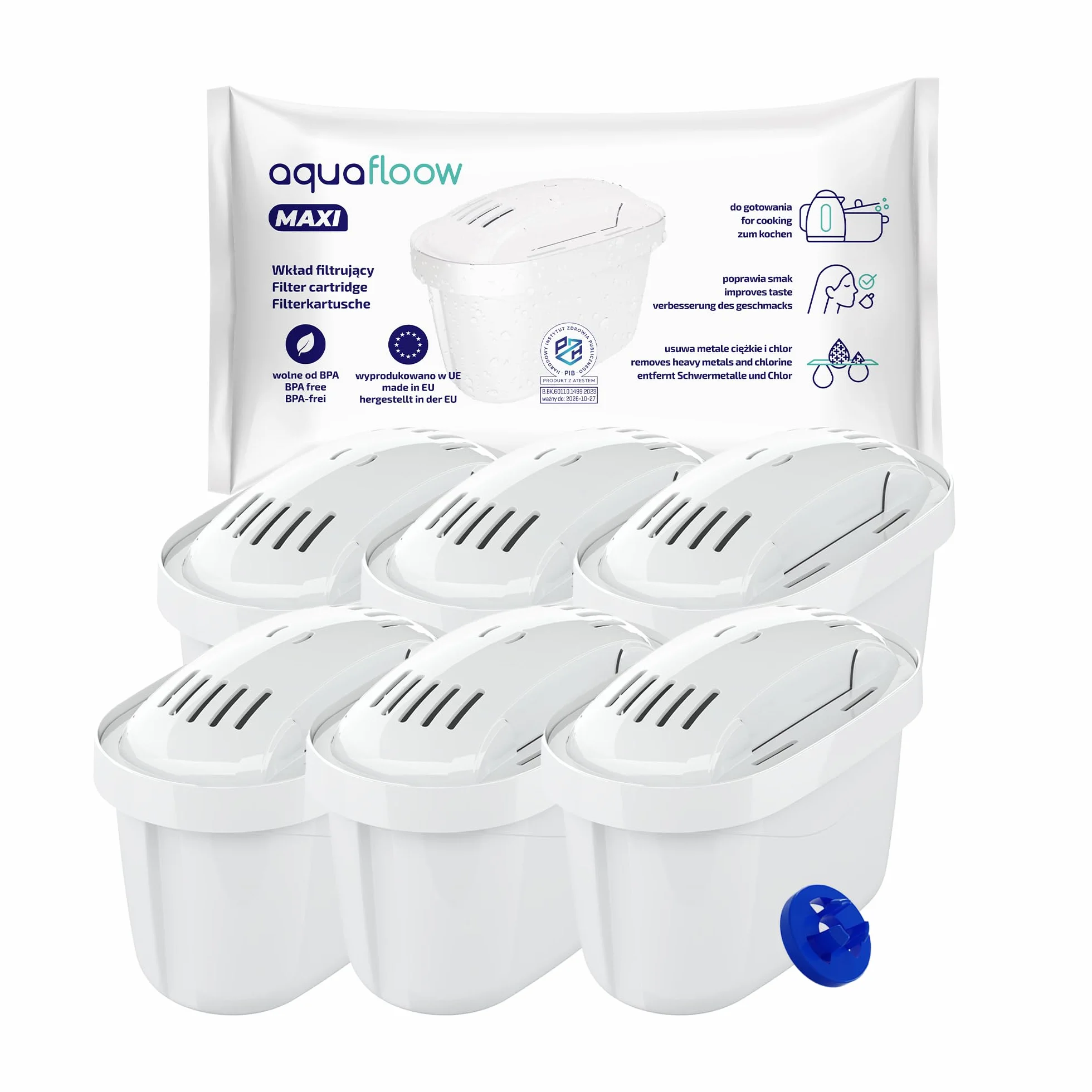 Aquafloow Set 6 Cartucce Filtranti Acqua Compatibili Brita Maxtra+ Maxtra Pro Caraffe Marella Style Elemaris Riduce Cloro Calcare Metalli Pesanti