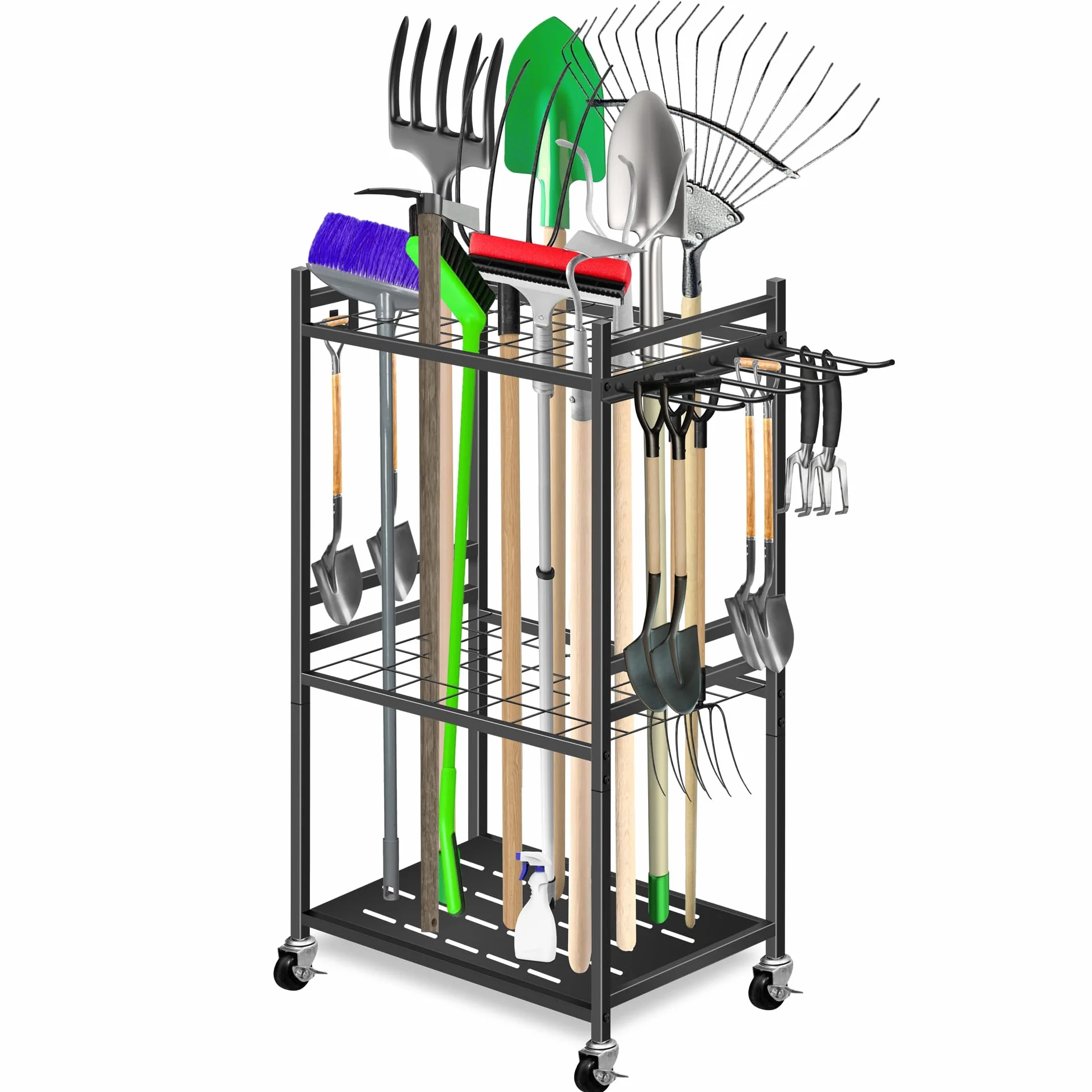 Mimoke Scaffale da giardino per attrezzi con ganci mobili e ruote con bloccaggio – Facile ordinamento degli accessori da giardino, garage grazie alle ruote girevoli a 360°