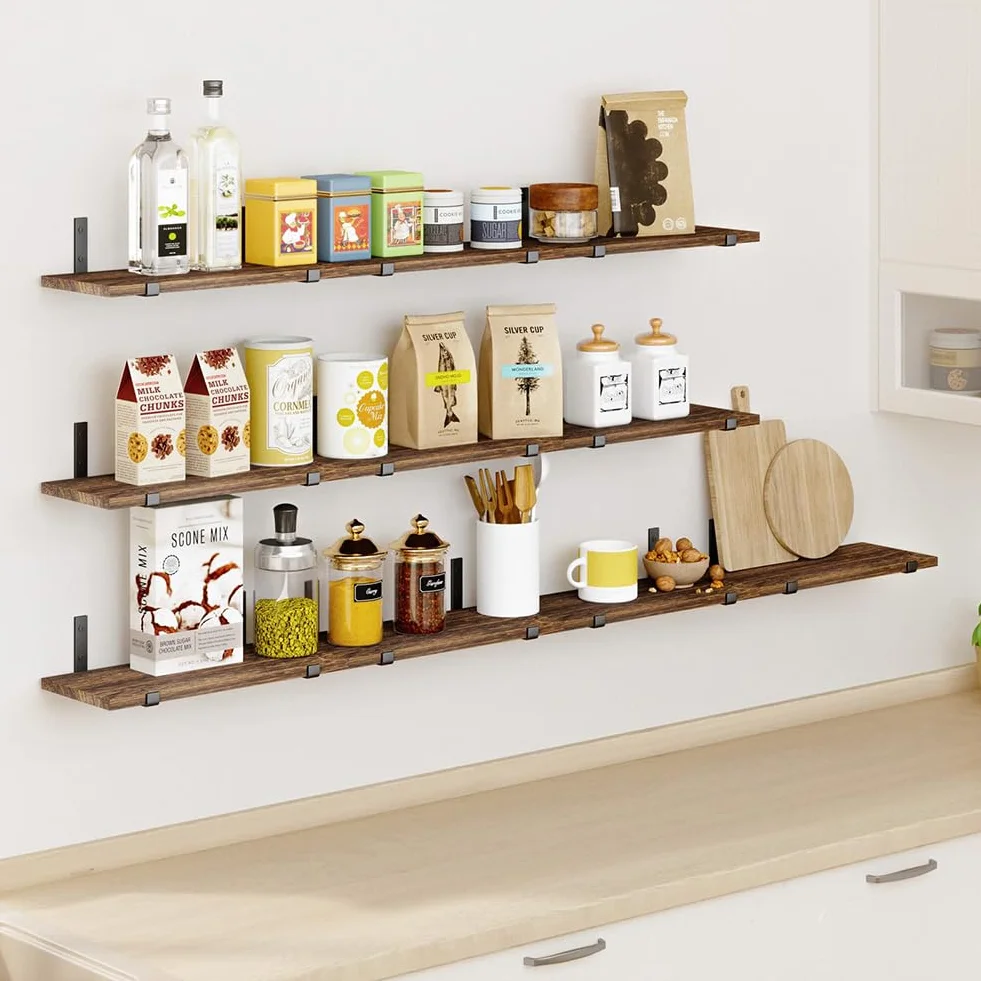 BAKAJI Set 10 Mensole galleggianti da Parete in Legno, Scaffali a Muro Multiuso con Staffe in Metallo, ideali per Camera da Letto, Soggiorno, Cucina, Bagno, Libreria, Salvaspazio, 40 x 15 cm (Rovere)