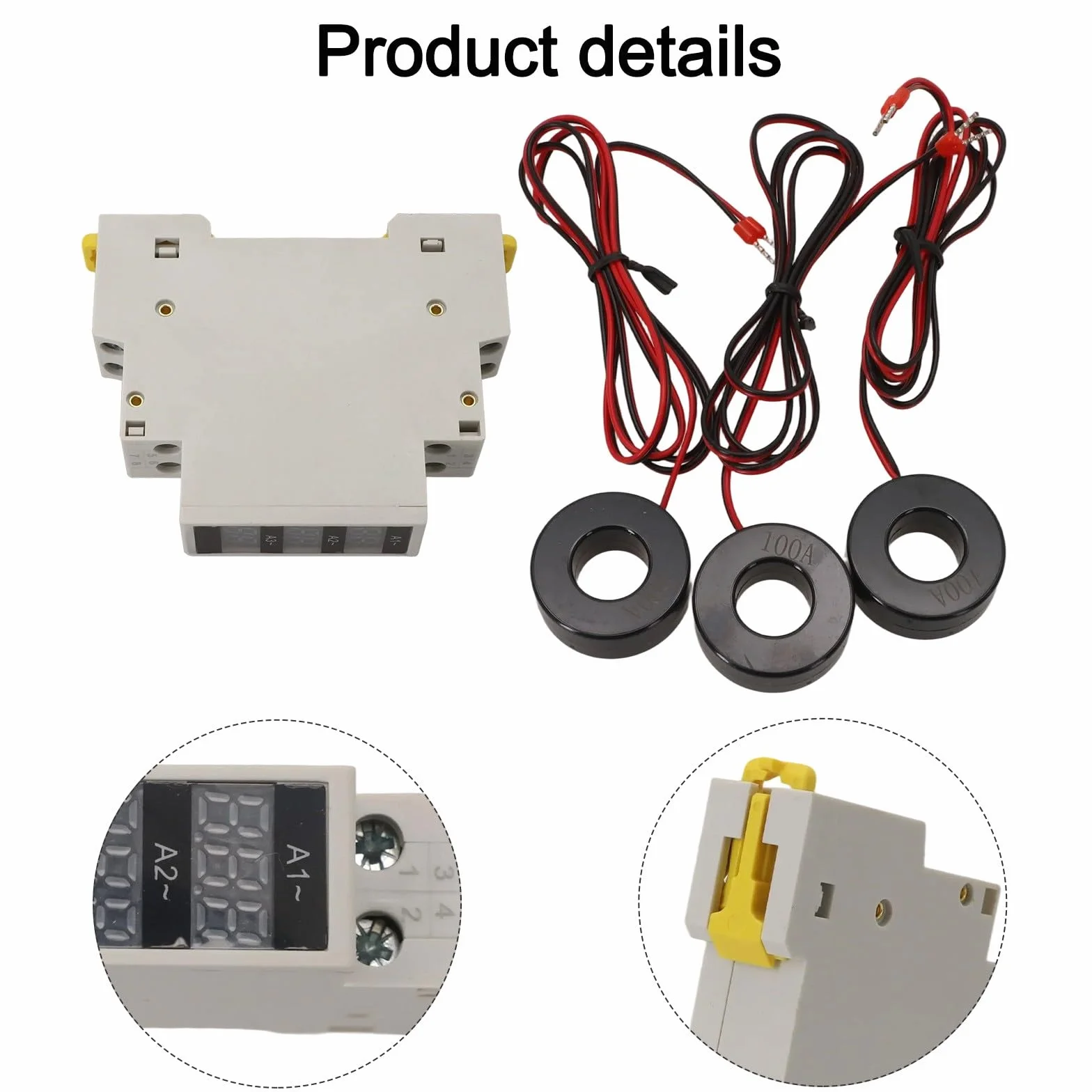 Mini amperometro digitale trifase su guida DIN con display a LED, rilevamento corrente 1-100A, intervallo di tensione AC80-500V 50/60Hz per monitoraggio elettrico industriale o commerciale