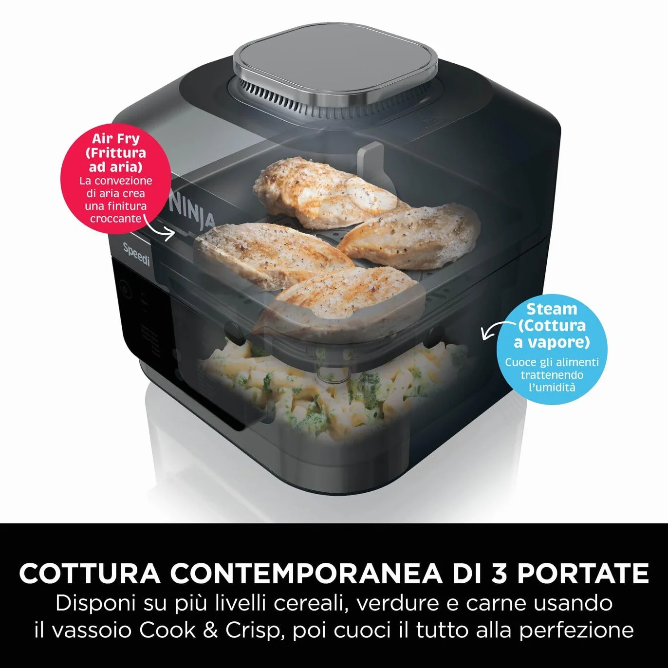 Ninja Speedi Pentola Elettrica Rapida 10 in 1, Friggitrice ad Aria, 5,7 l, Pasti per 4 in 15 Minuti, Frittura ad Aria e Cottura al Vapore, Idea Regalo Natale, Nero, ON500EU