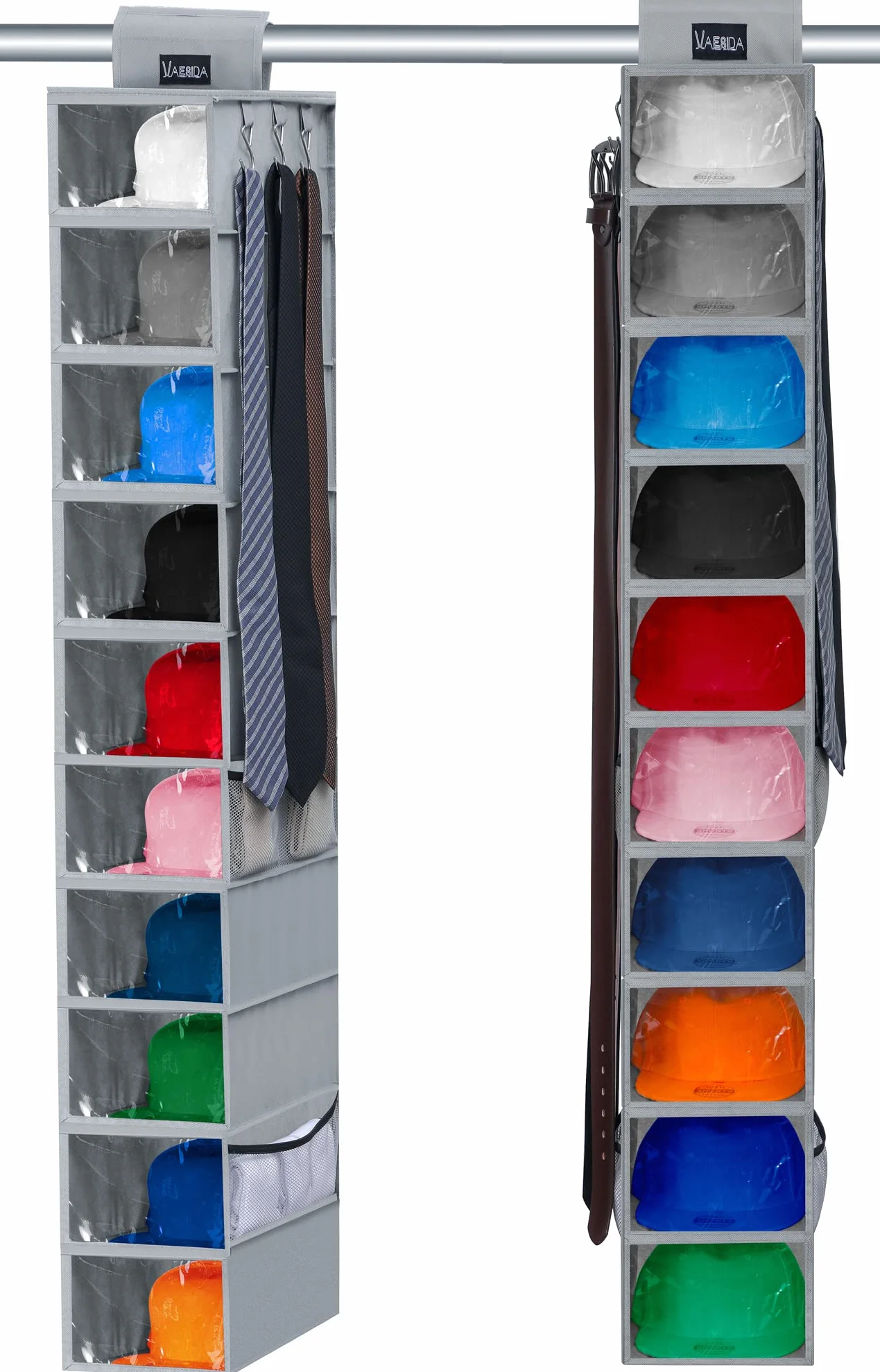 VAESIDA Porta Cappelli, Porta Berretto Baseball per Organizzatore Armadio, 10 Ripiani per Armadio Porta Cappellini con Copertura Antipolvere e Tasca Portaoggetti, Portatutto da Appendere