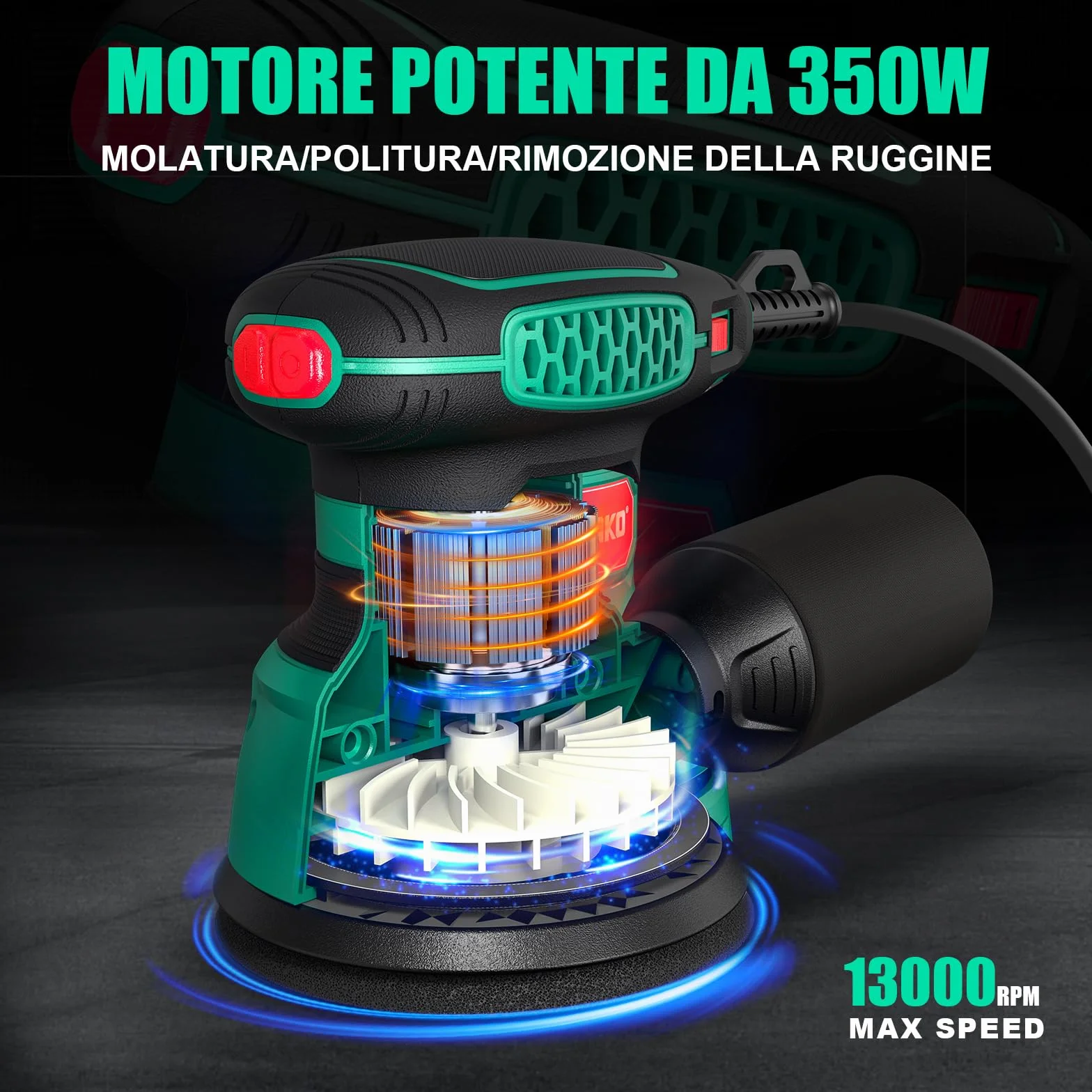 SORAKO Levigatrice Orbitale 350W 6 Velocità Regolabili con Raccolta Polvere e Carta Vetrata