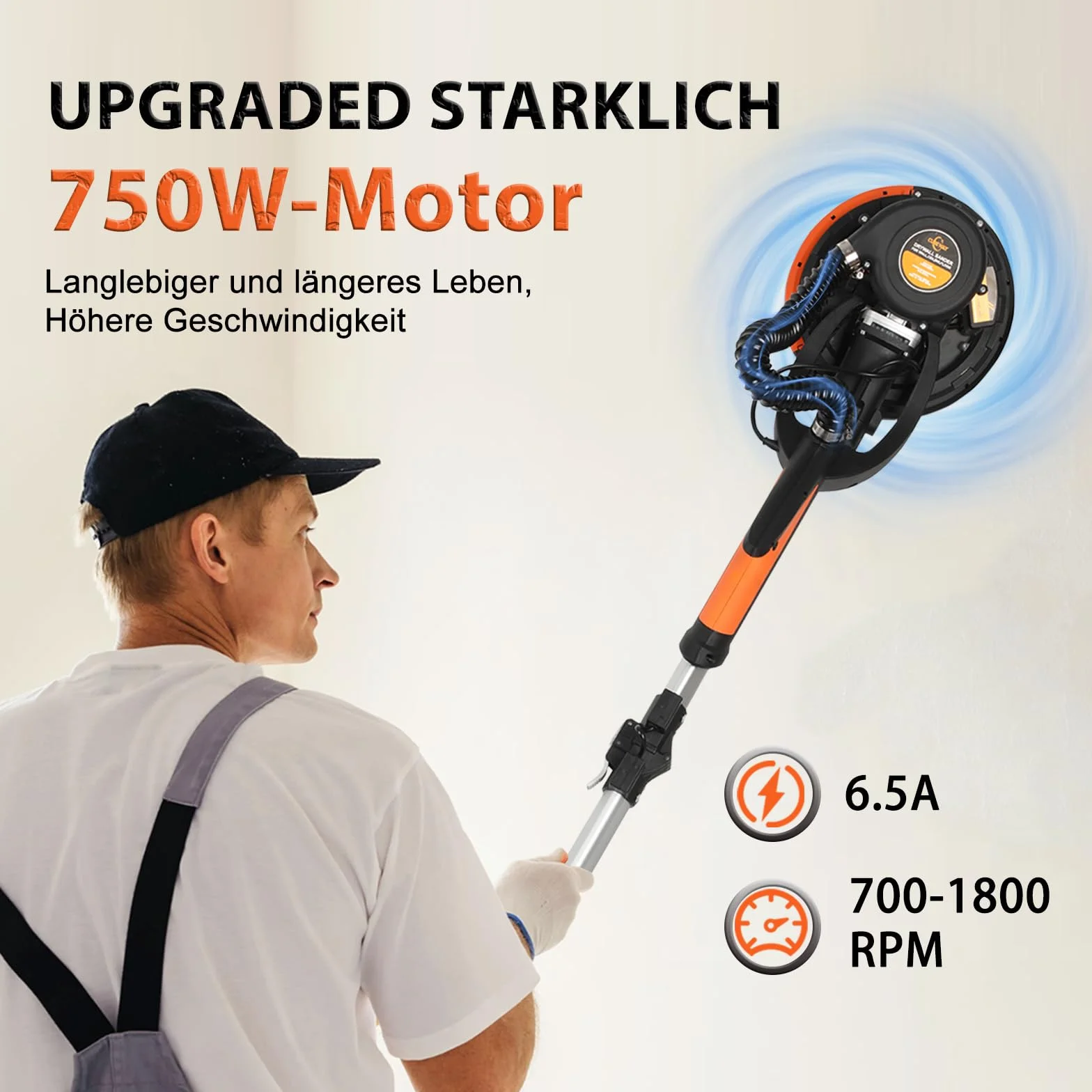 Levigatrice da parete e soffitto, 750 W, velocità massima 1800 giri/min, levigatrice a parete con LED e manico telescopico, levigatura 215 mm, borsa di estrazione, manico pieghevole, testa