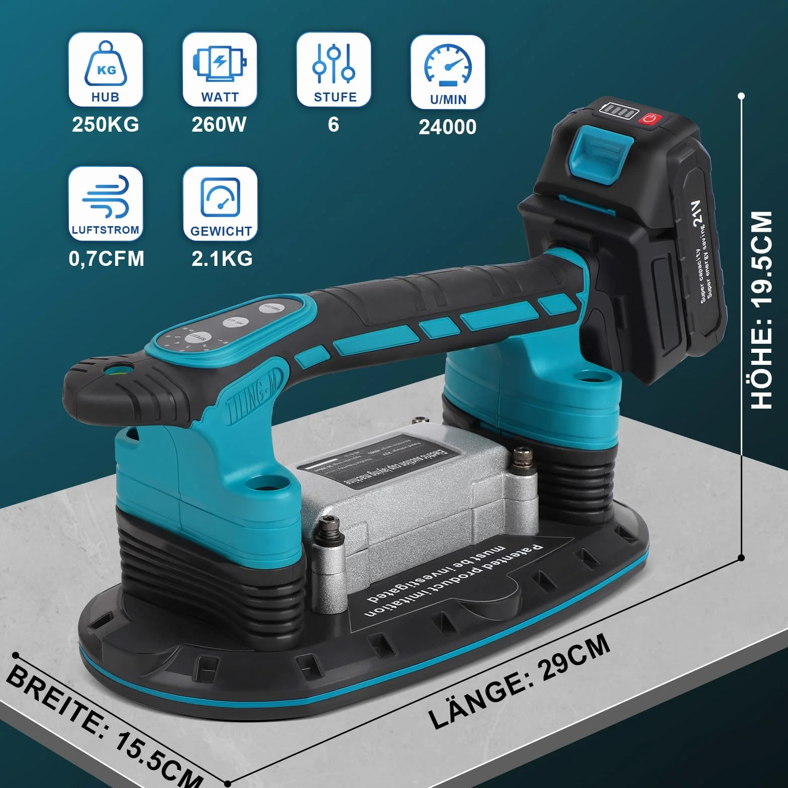 Vibratore per piastrelle, 12000 VPM, macchina per piastrelle, 30 – 225 mm, 250 kg, aggiornamento ventosa, 6 velocità, dispositivo di vibrazione per pavimenti regolabili (2 batterie da 2,5 Ah
