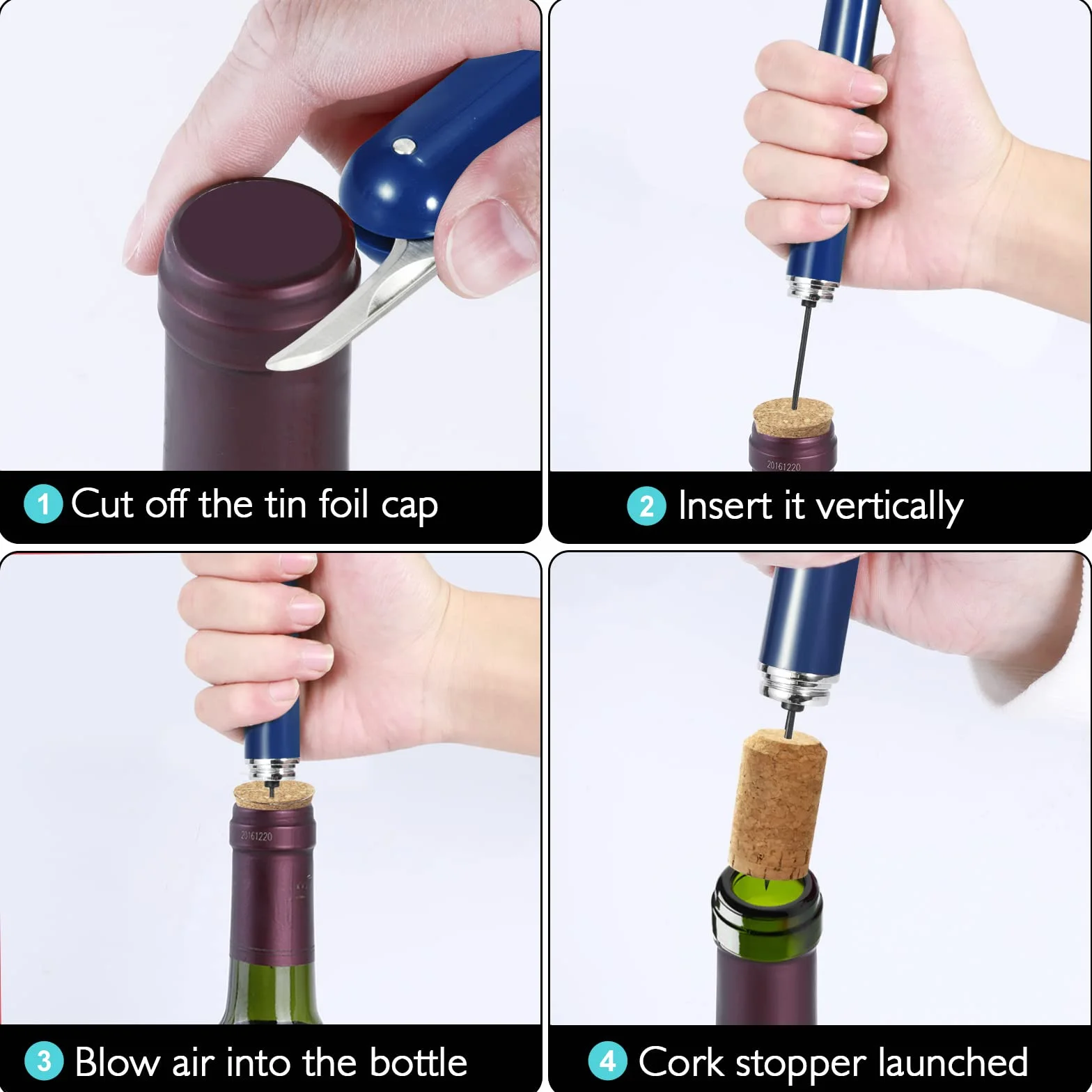 Apribottiglie per vino con pompa ad aria compressa, design 2 in 1, 7S, apertura rapida, apribottiglie a pressione con tagliacapsule, ottimo regalo per gli amanti del vino, blu