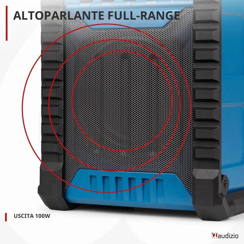 Audizio Temi Radio da Cantiere Dab+ con Batteria - IP54, Bluetooth 5.0, Autonomia 8H, FM, 40 Stazioni Memorizzabili, Ingresso AUX, Ideale per Ascoltare le Tue Stazioni Preferite Durante i Tuoi Lavori