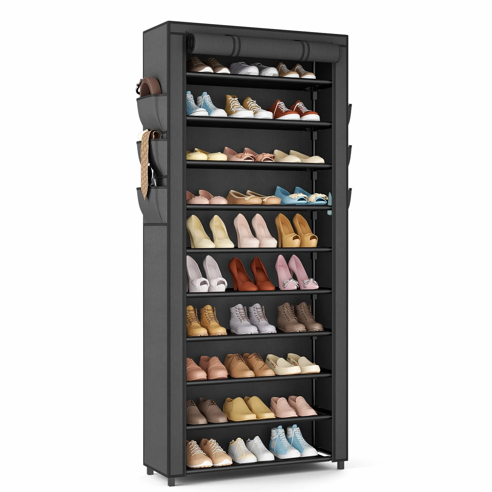 Vicye Scarpiera in Tessuto 11 Piani per 36-41 Scarpe, Scarpiera Alta Slim con Copertura Antipolvere, Portascarpe a Risparmio di Spazio, Struttura in Metallo, Ideale per Ingresso o Soggiorno, Nero