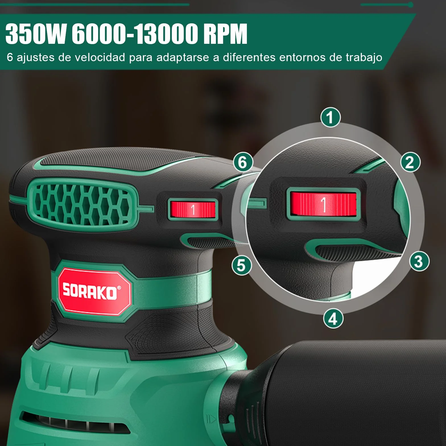 SORAKO Levigatrice orbitale 350W, 125 mm, 6 velocità, 16 fogli abrasivi, raccolta polvere, funzione frenante rapido, per progetti hobby in legno