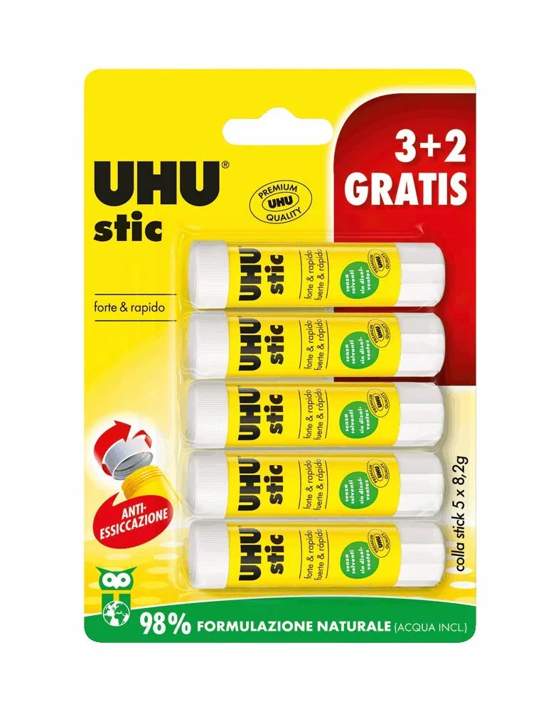 UHU Stic 5x8.2g colla per bambini, sicura da usare per i lavoretti, adatta per la scuola, l'ufficio, l'università